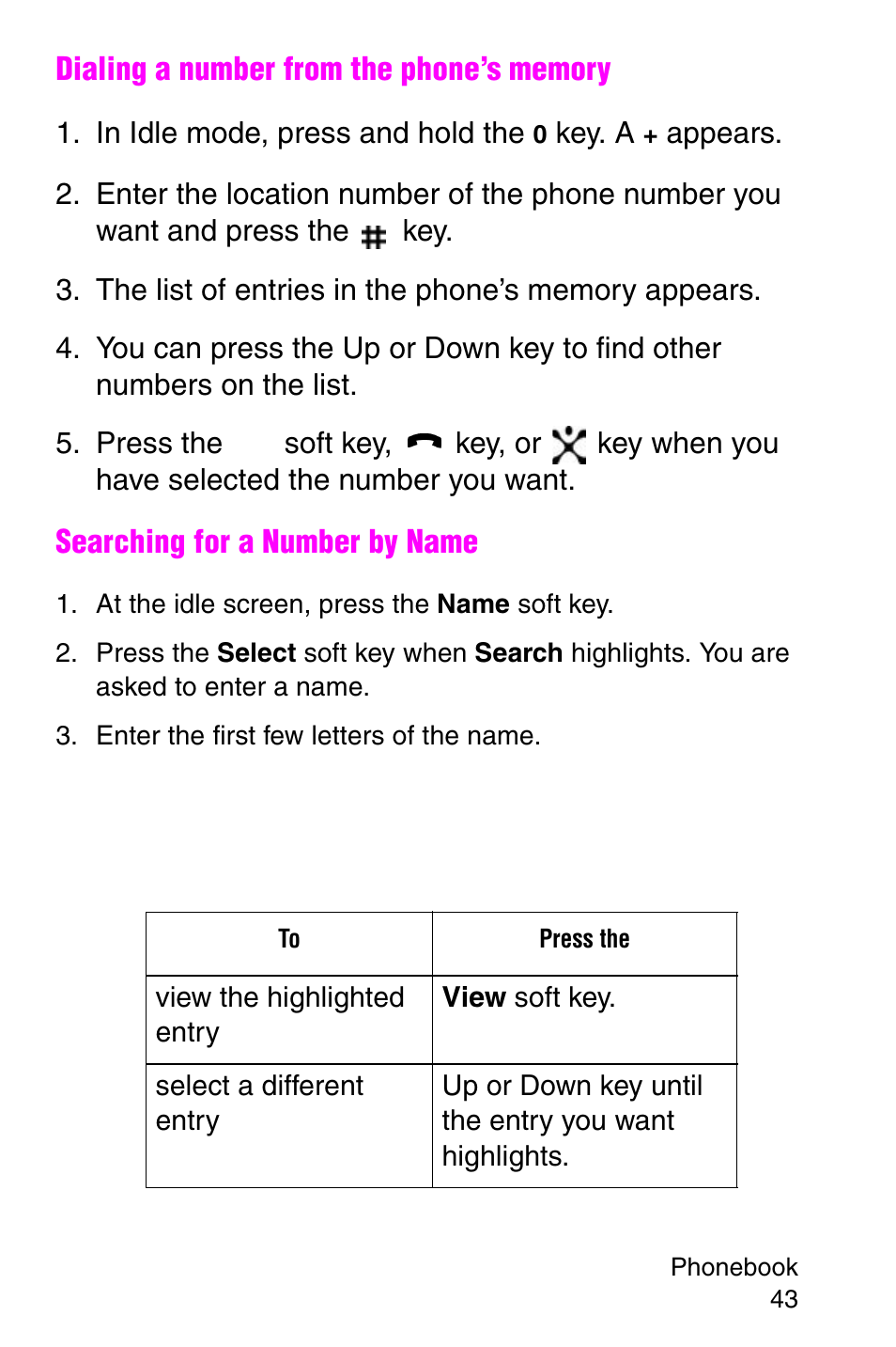 The list of entries in the phone’s memory appears, At the idle screen, press the name soft key, Enter the first few letters of the name | Samsung SGH-E317CSACIN User Manual | Page 43 / 224