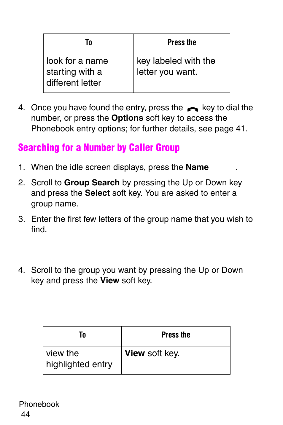 Searching for a number by caller group | Samsung SGH-E317CSACIN User Manual | Page 44 / 224
