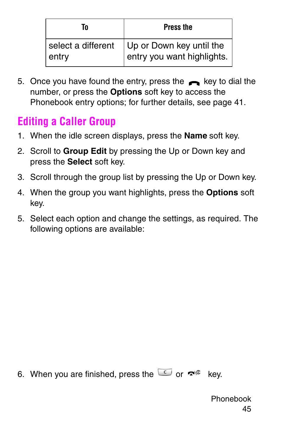 Editing a caller group, When you are finished, press the or key | Samsung SGH-E317CSACIN User Manual | Page 45 / 224