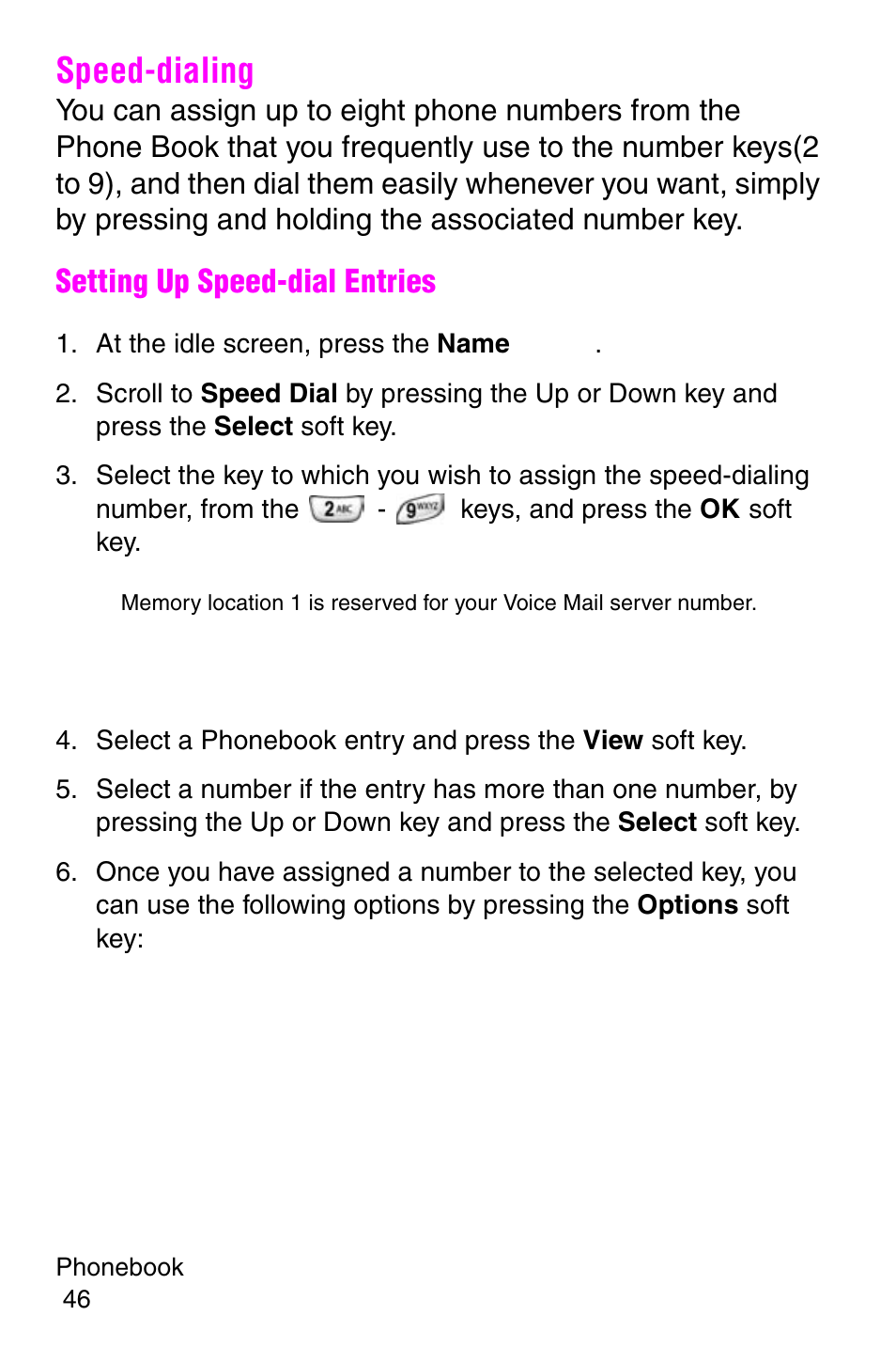 Speed-dialing, At the idle screen, press the name soft key, Setting up speed-dial entries | Samsung SGH-E317CSACIN User Manual | Page 46 / 224