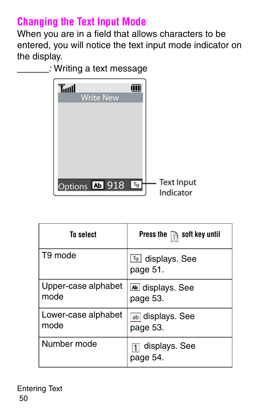 Changing the text input mode | Samsung SGH-E317CSACIN User Manual | Page 50 / 224