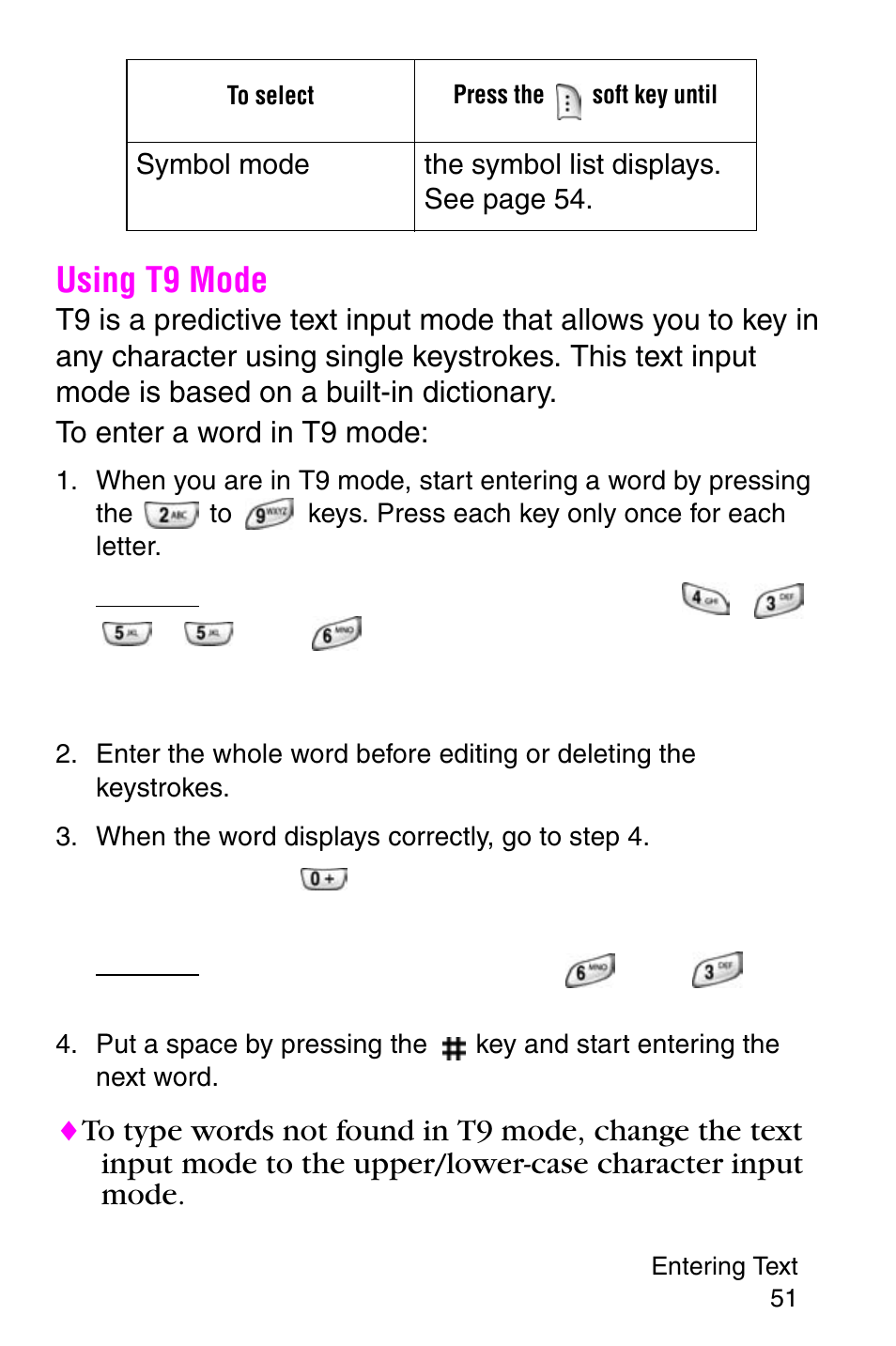 Using t9 mode, When the word displays correctly, go to step 4 | Samsung SGH-E317CSACIN User Manual | Page 51 / 224