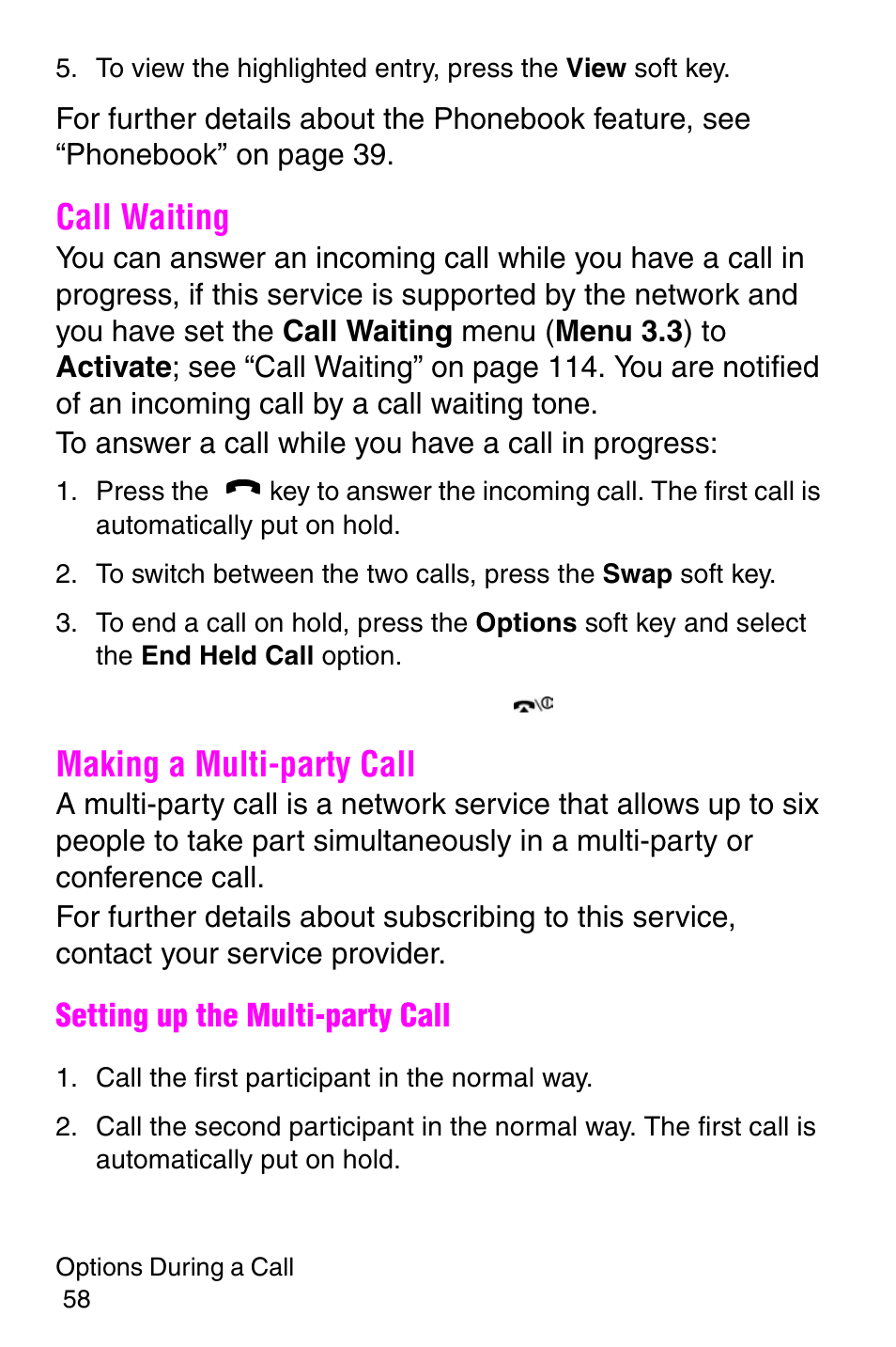 Call waiting, Making a multi-party call, Call the first participant in the normal way | Call waiting making a multi-party call | Samsung SGH-E317CSACIN User Manual | Page 58 / 224
