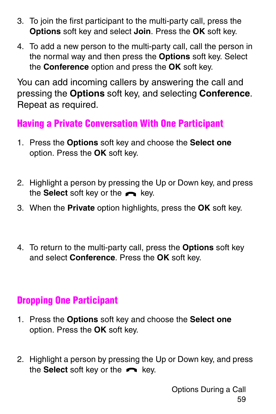 Having a private conversation with one participant, Dropping one participant | Samsung SGH-E317CSACIN User Manual | Page 59 / 224