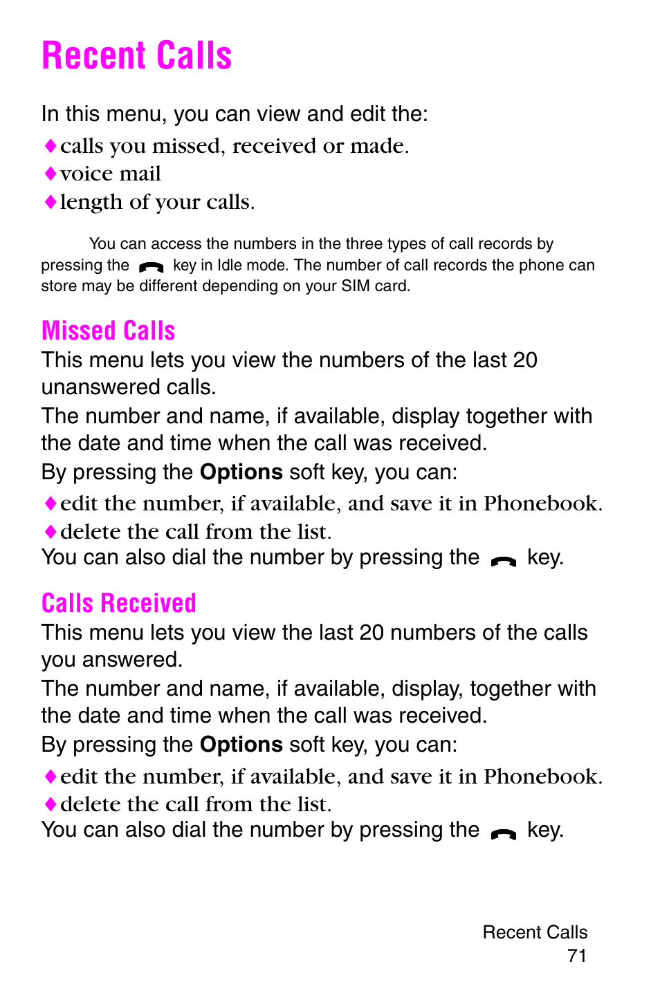 Recent calls, Missed calls, Calls received | Missed calls calls received | Samsung SGH-E317CSACIN User Manual | Page 71 / 224
