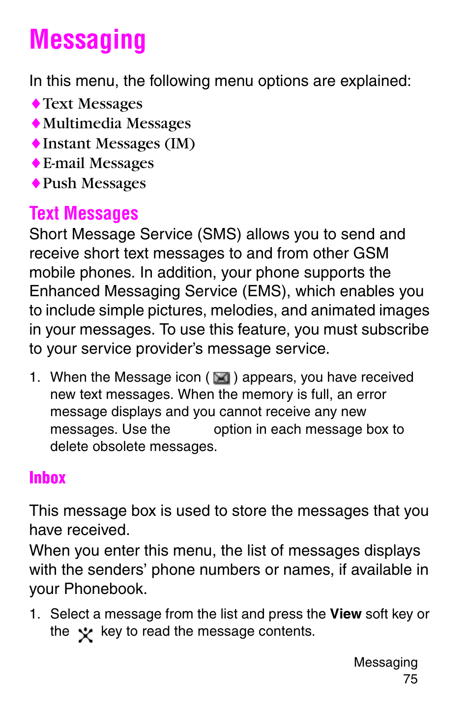 Messaging, Text messages | Samsung SGH-E317CSACIN User Manual | Page 75 / 224