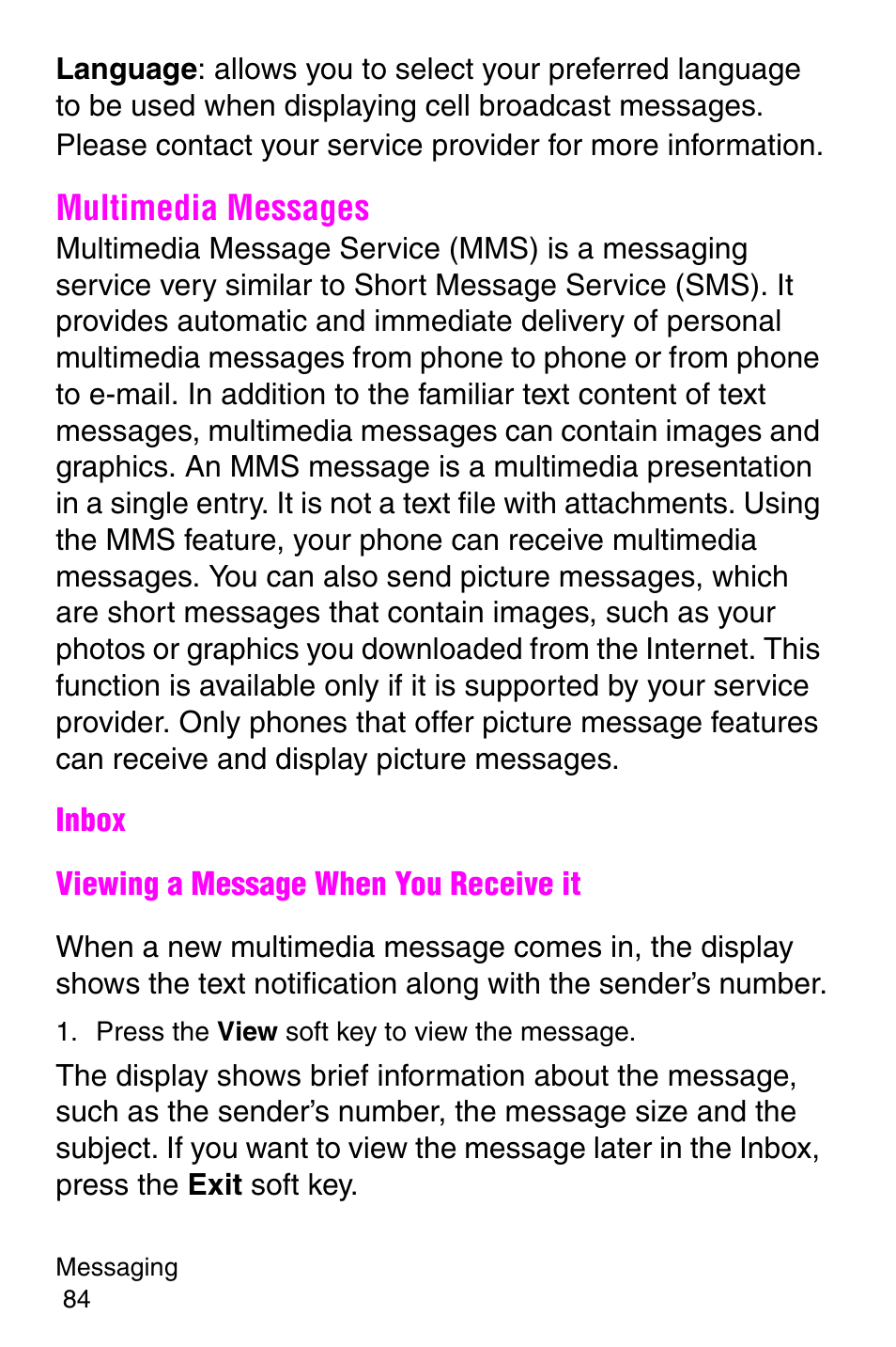 Multimedia messages, Press the view soft key to view the message | Samsung SGH-E317CSACIN User Manual | Page 84 / 224