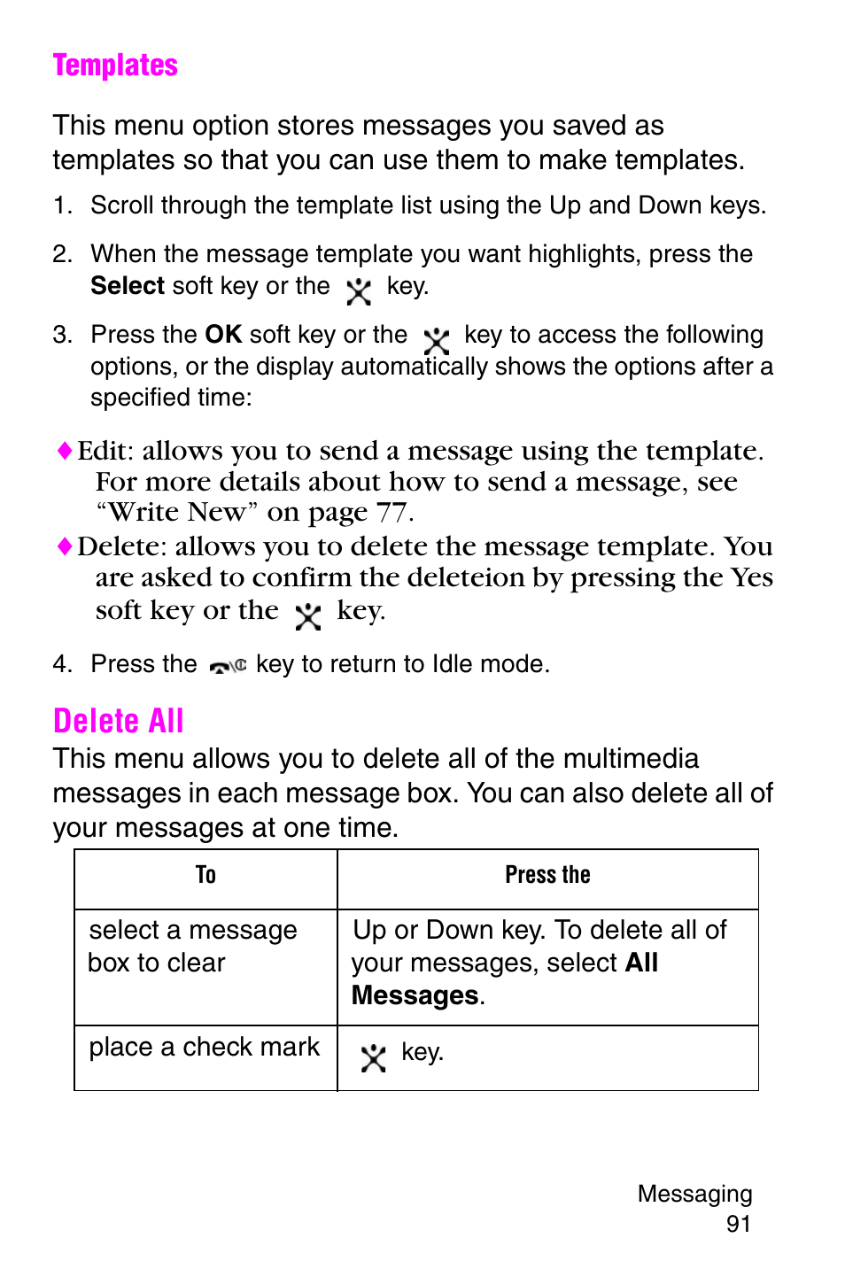 Press the key to return to idle mode, Delete all | Samsung SGH-E317CSACIN User Manual | Page 91 / 224