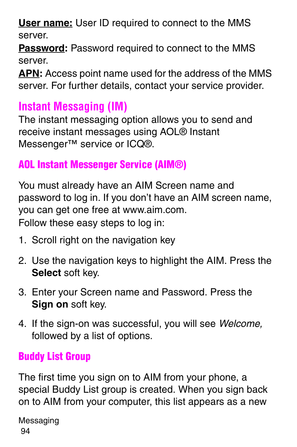 Instant messaging (im), Scroll right on the navigation key | Samsung SGH-E317CSACIN User Manual | Page 94 / 224
