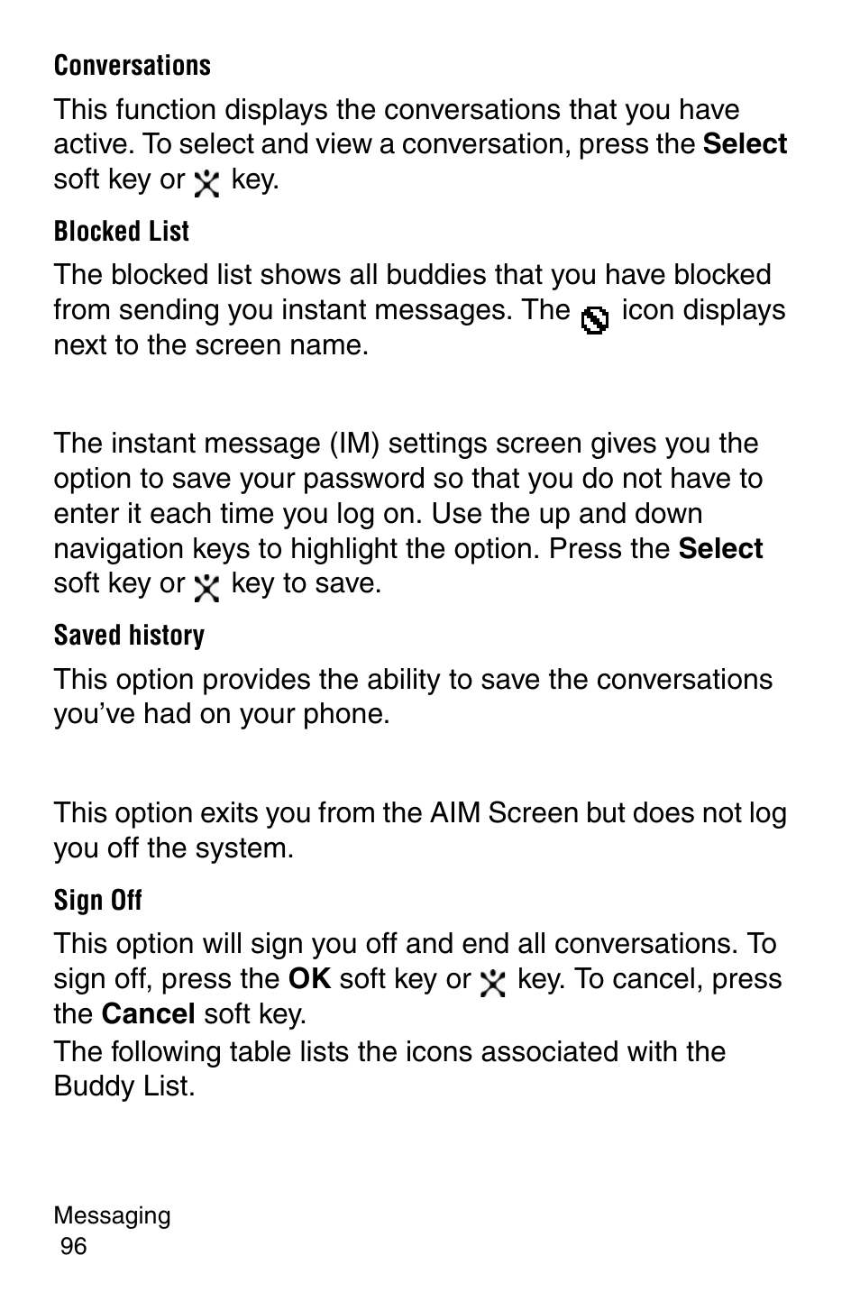Conversations, Blocked list, Saved history | Sign off | Samsung SGH-E317CSACIN User Manual | Page 96 / 224