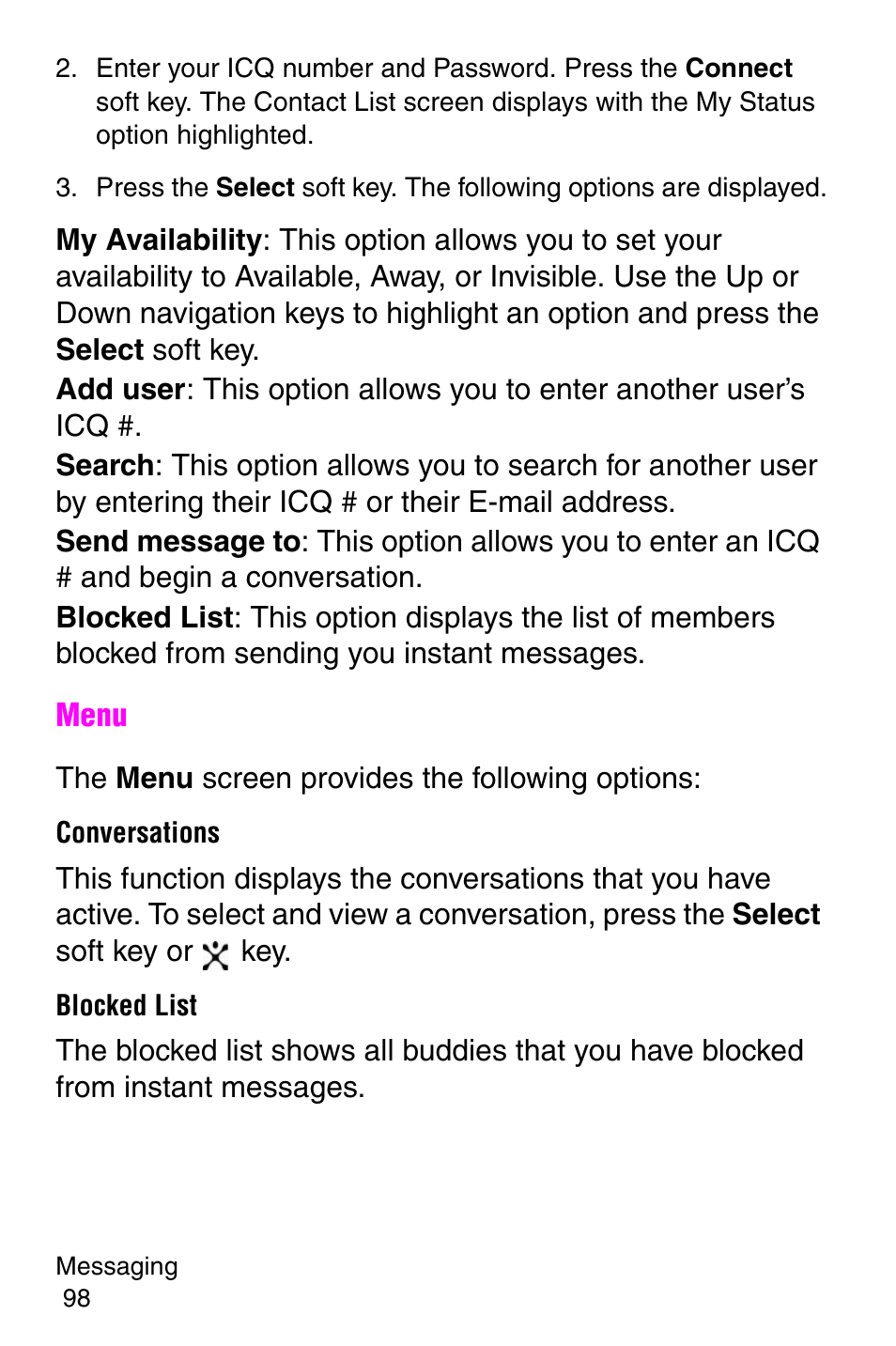 Conversations, Blocked list | Samsung SGH-E317CSACIN User Manual | Page 98 / 224