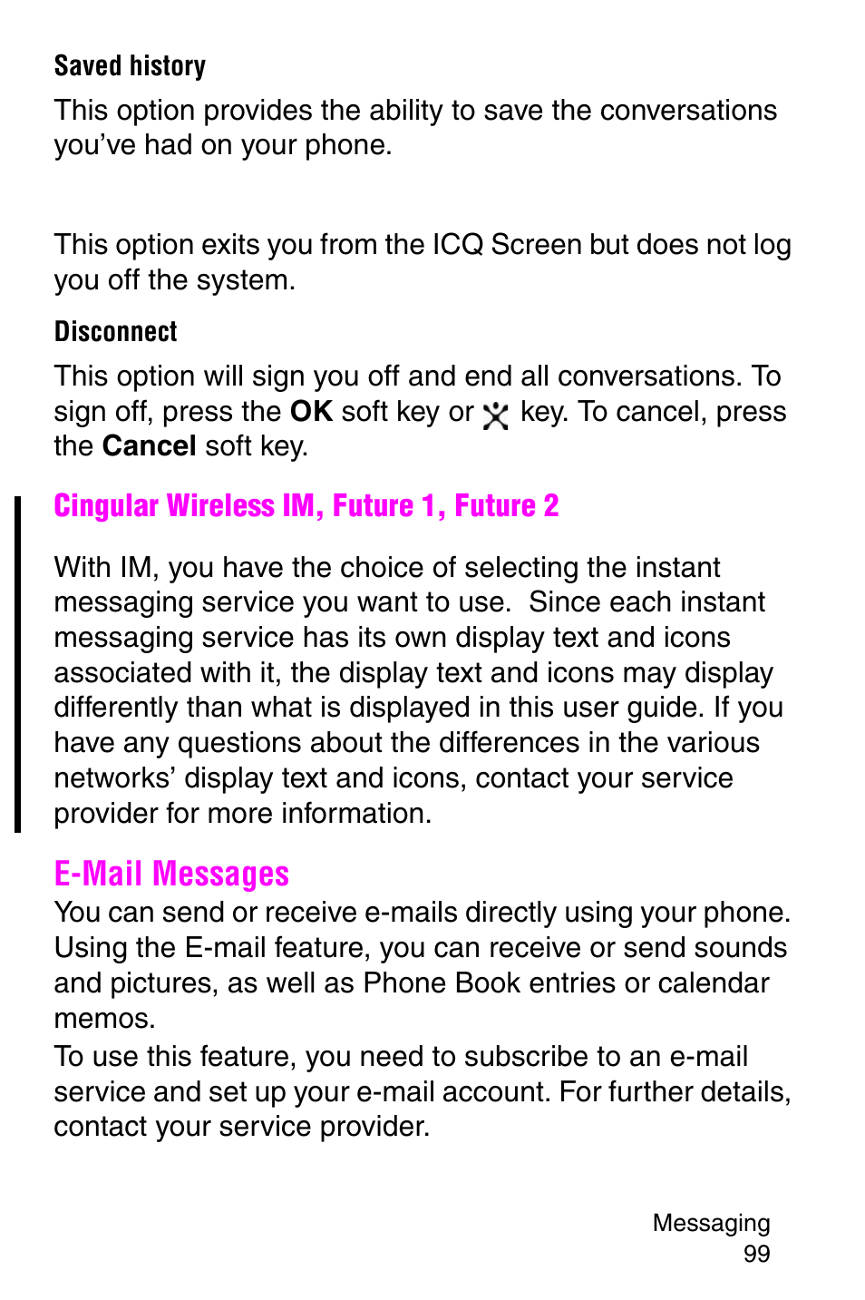 Saved history, Disconnect, E-mail messages | Samsung SGH-E317CSACIN User Manual | Page 99 / 224