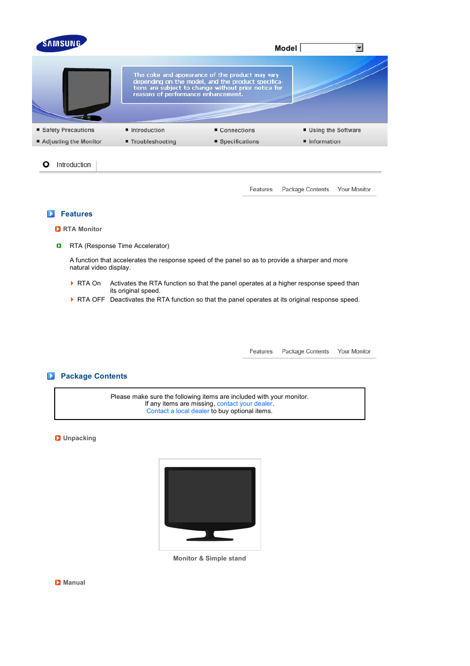 Introduction, Features, Package contents | Samsung LS19PEWSFV-XAA User Manual | Page 13 / 50