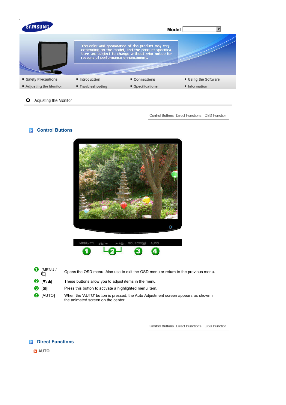 Adjusting the monitor, Control buttons, Direct functions | Samsung LS19PEWSFV-XAA User Manual | Page 28 / 50
