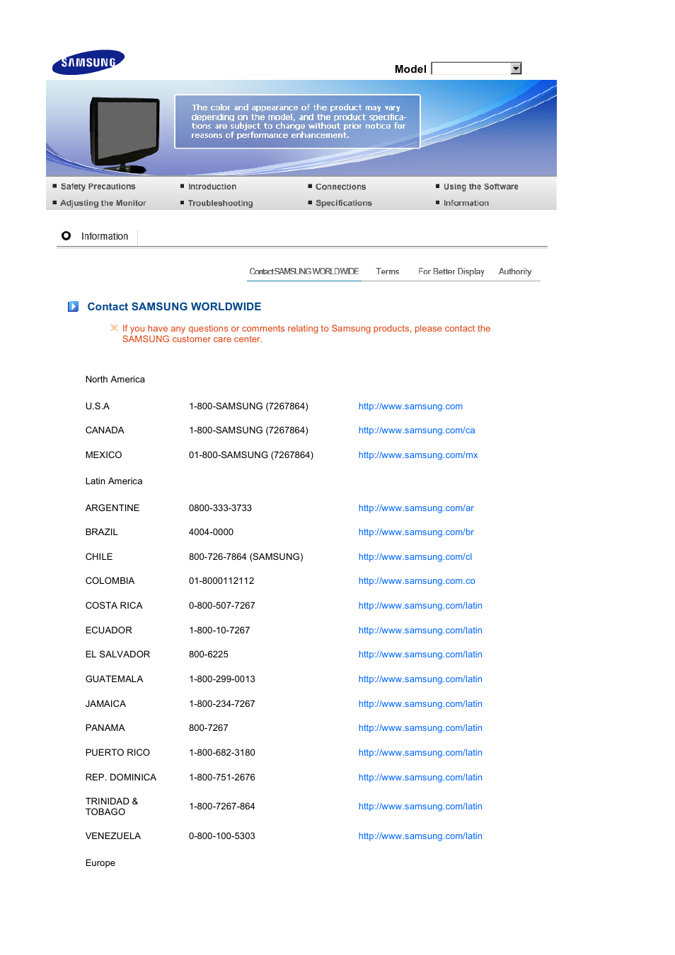 Information, Contact samsung worldwide | Samsung LS19PEWSFV-XAA User Manual | Page 47 / 50