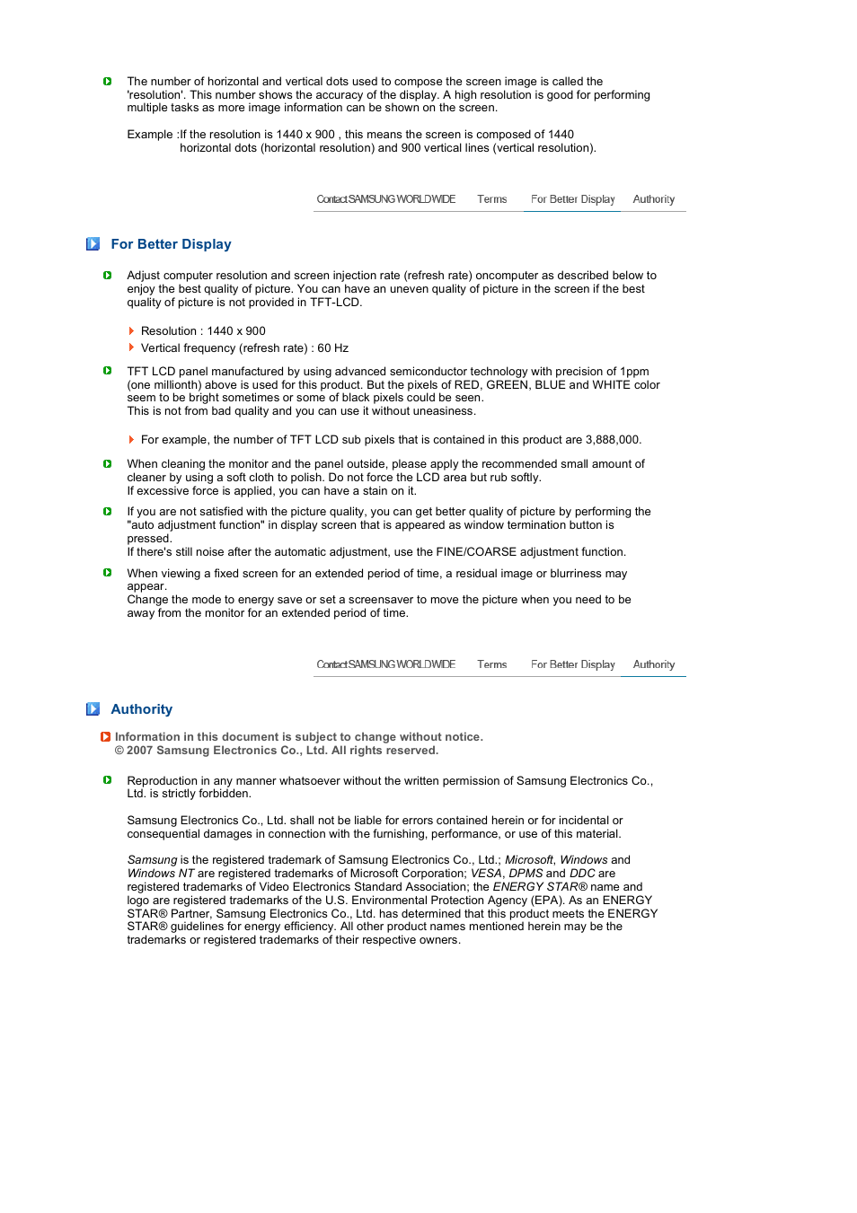 For better display, Authority | Samsung LS19PEWSFV-XAA User Manual | Page 50 / 50