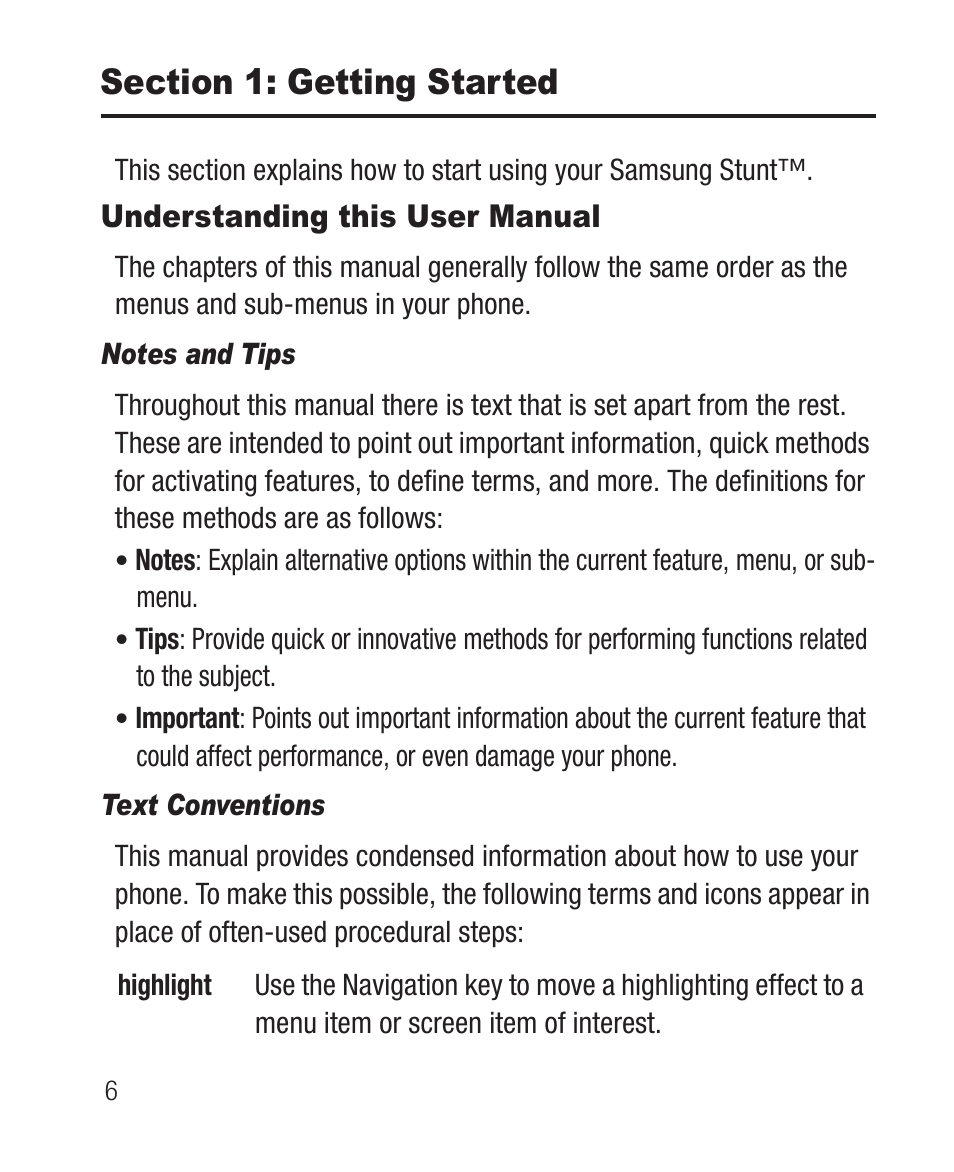 Section 1: getting started, Understanding this user manual, Notes and tips | Text conventions | Samsung SCH-R100DBAMTR User Manual | Page 10 / 132