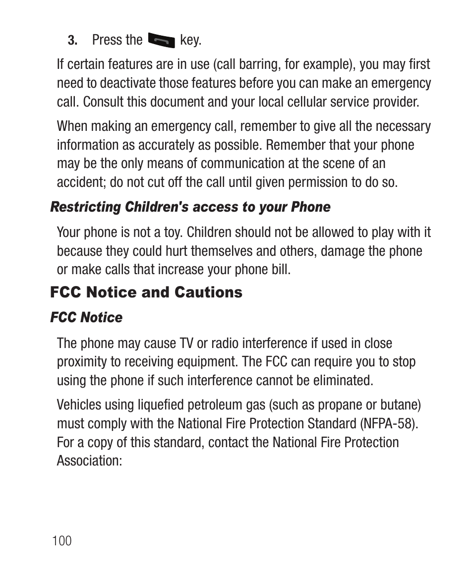 Restricting children's access to your phone, Fcc notice and cautions, Fcc notice | Samsung SCH-R100DBAMTR User Manual | Page 104 / 132