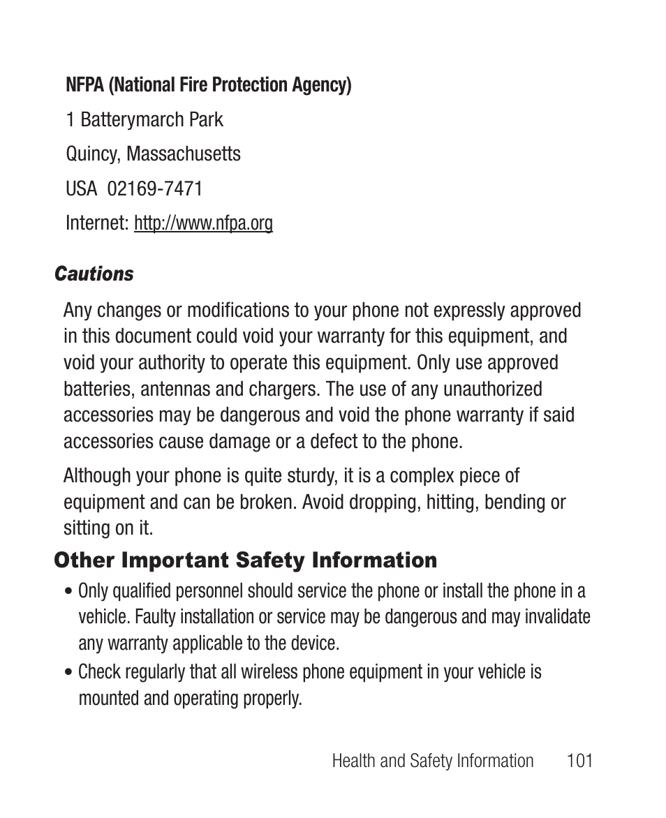 Cautions, Other important safety information | Samsung SCH-R100DBAMTR User Manual | Page 105 / 132