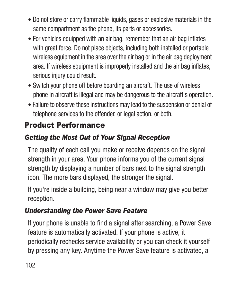 Product performance, Getting the most out of your signal reception, Understanding the power save feature | Samsung SCH-R100DBAMTR User Manual | Page 106 / 132