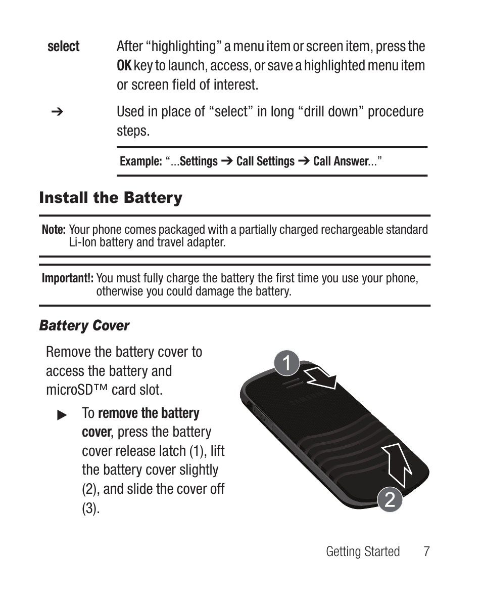 Install the battery, Battery cover | Samsung SCH-R100DBAMTR User Manual | Page 11 / 132