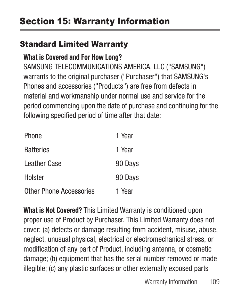 Section 15: warranty information, Standard limited warranty | Samsung SCH-R100DBAMTR User Manual | Page 113 / 132