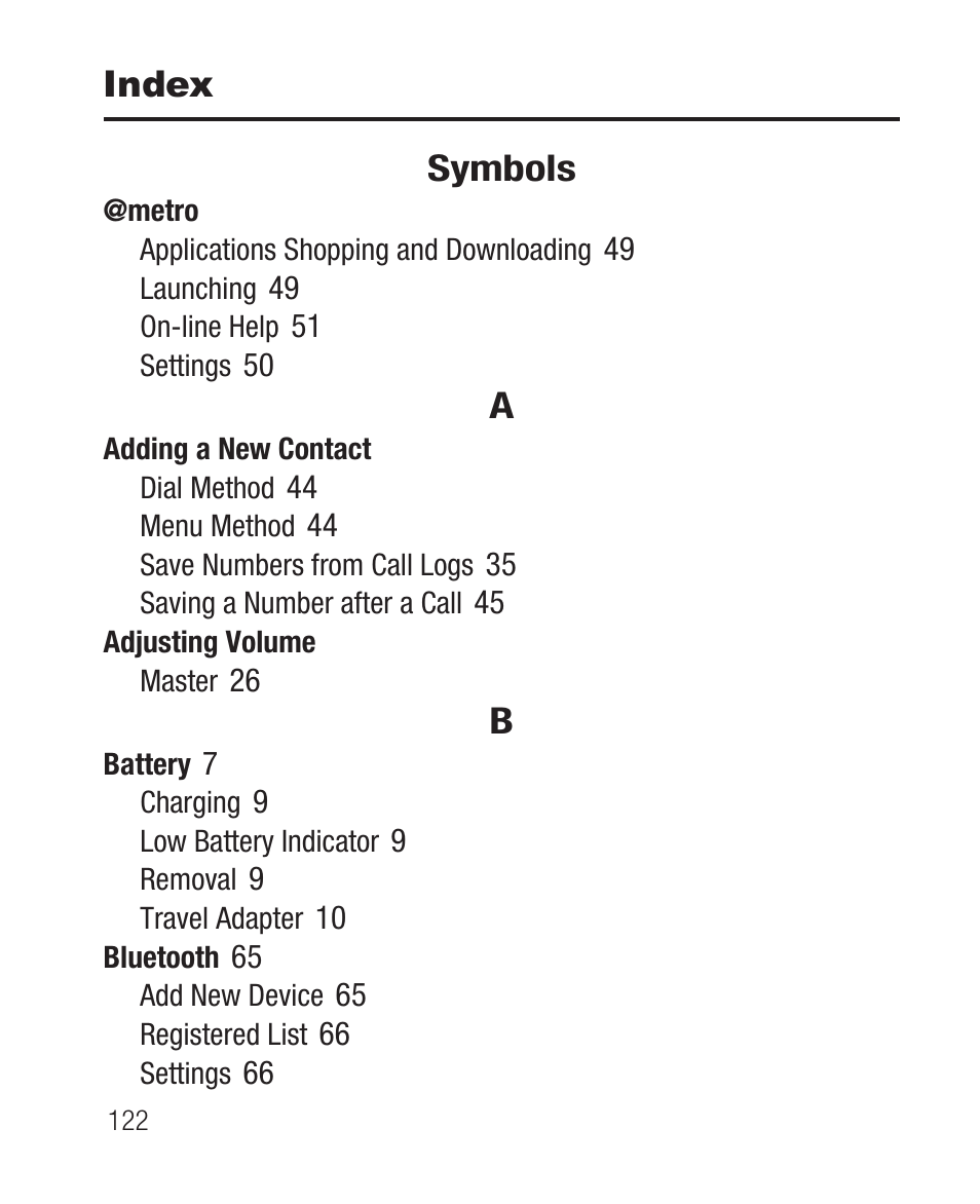 Index, Symbols | Samsung SCH-R100DBAMTR User Manual | Page 126 / 132