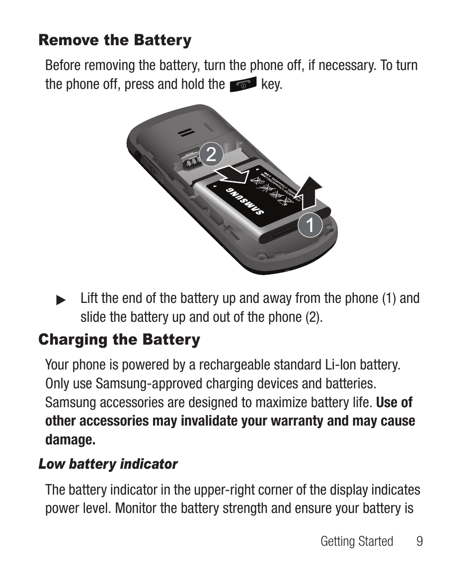 Remove the battery, Charging the battery, Low battery indicator | Remove the battery charging the battery | Samsung SCH-R100DBAMTR User Manual | Page 13 / 132