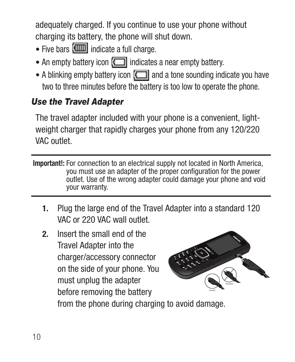 Use the travel adapter | Samsung SCH-R100DBAMTR User Manual | Page 14 / 132