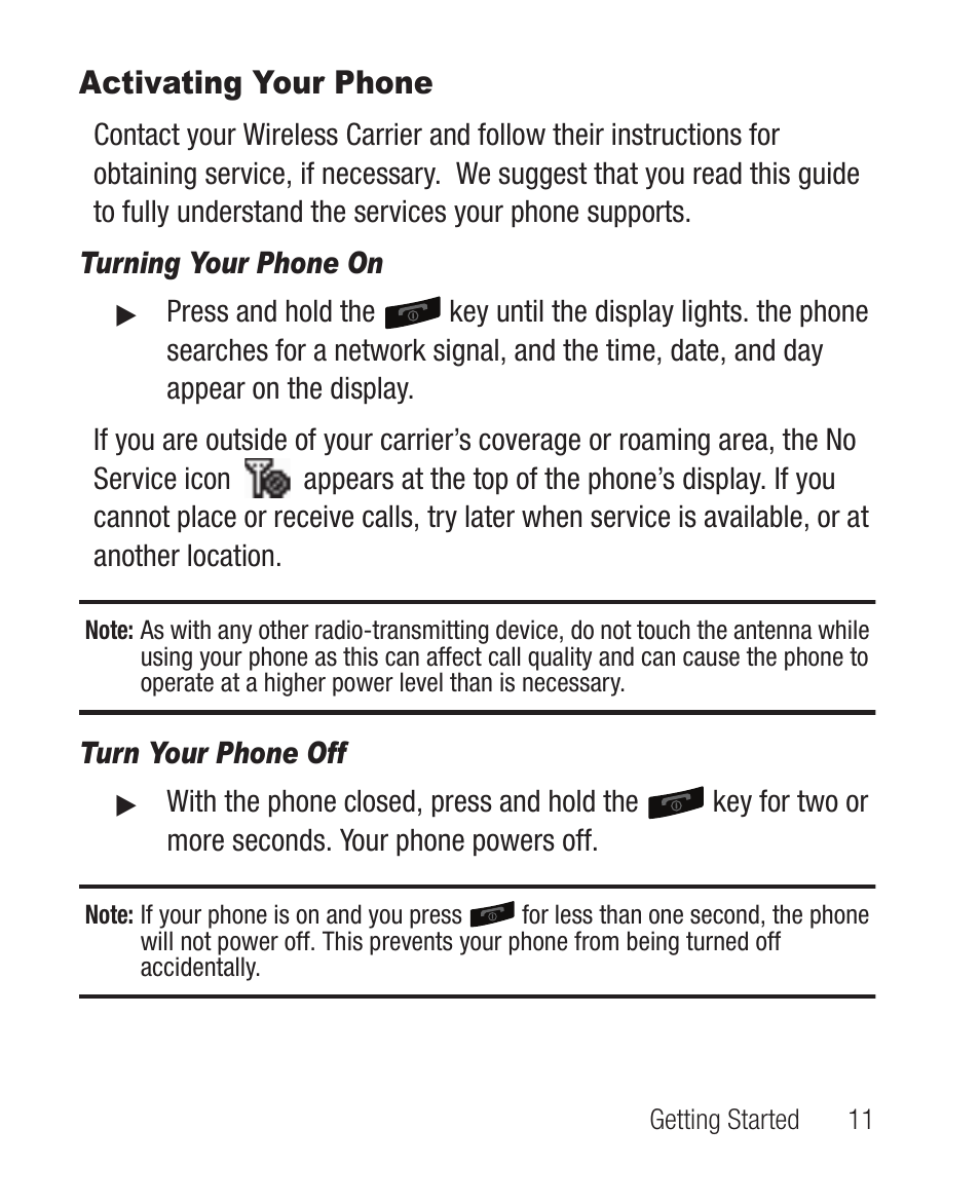 Activating your phone, Turning your phone on, Turn your phone off | Samsung SCH-R100DBAMTR User Manual | Page 15 / 132