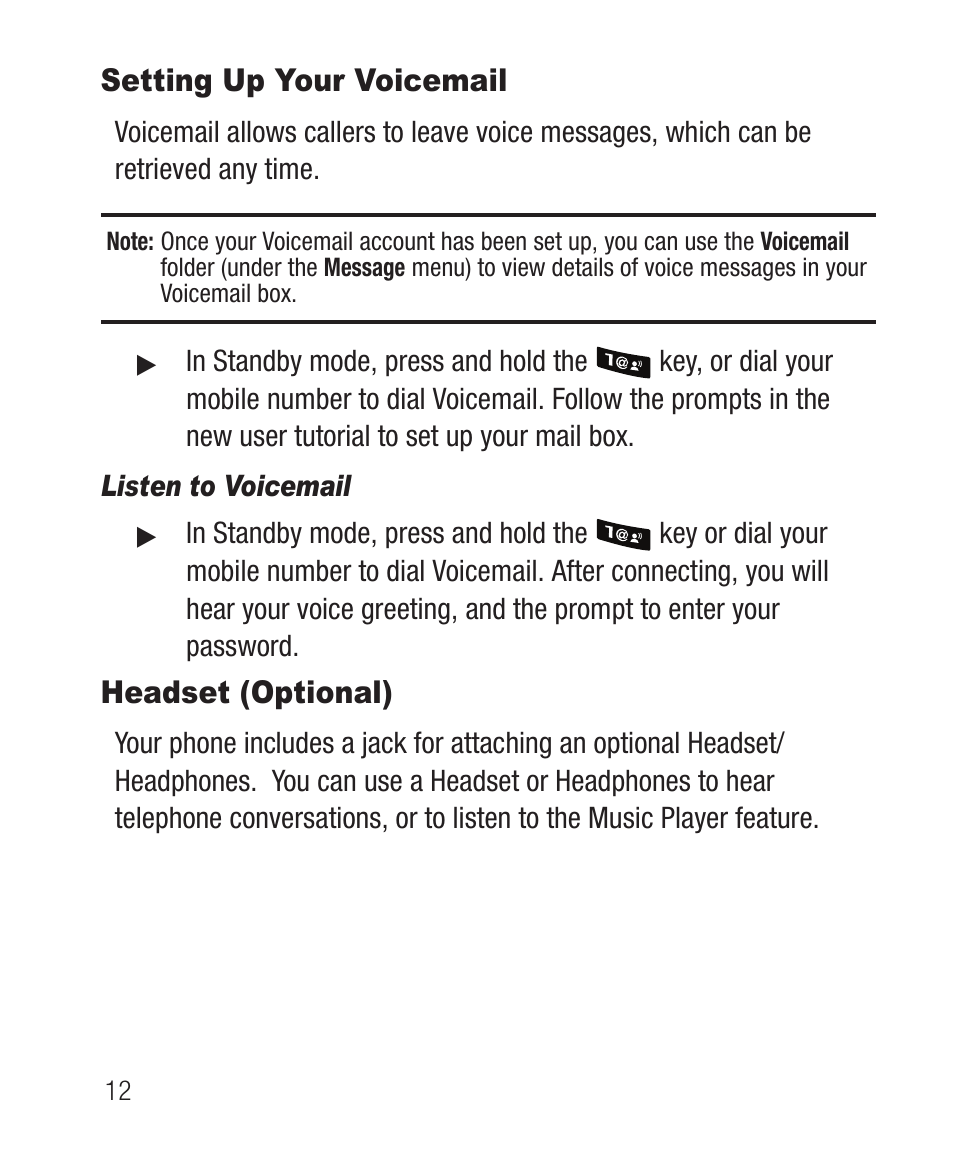 Setting up your voicemail, Listen to voicemail, Headset (optional) | Setting up your voicemail headset (optional) | Samsung SCH-R100DBAMTR User Manual | Page 16 / 132