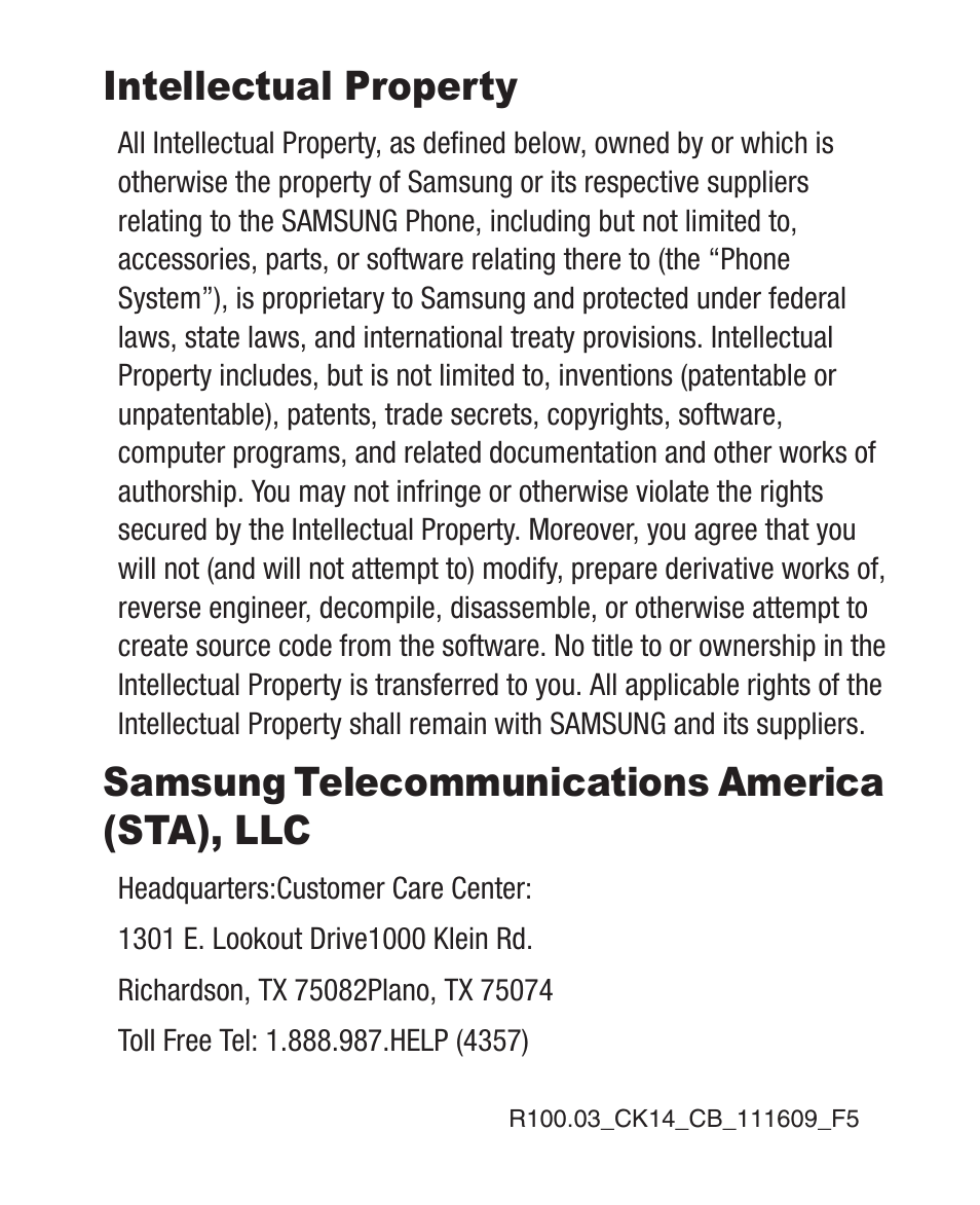 Intellectual property, Samsung telecommunications america (sta), llc | Samsung SCH-R100DBAMTR User Manual | Page 2 / 132