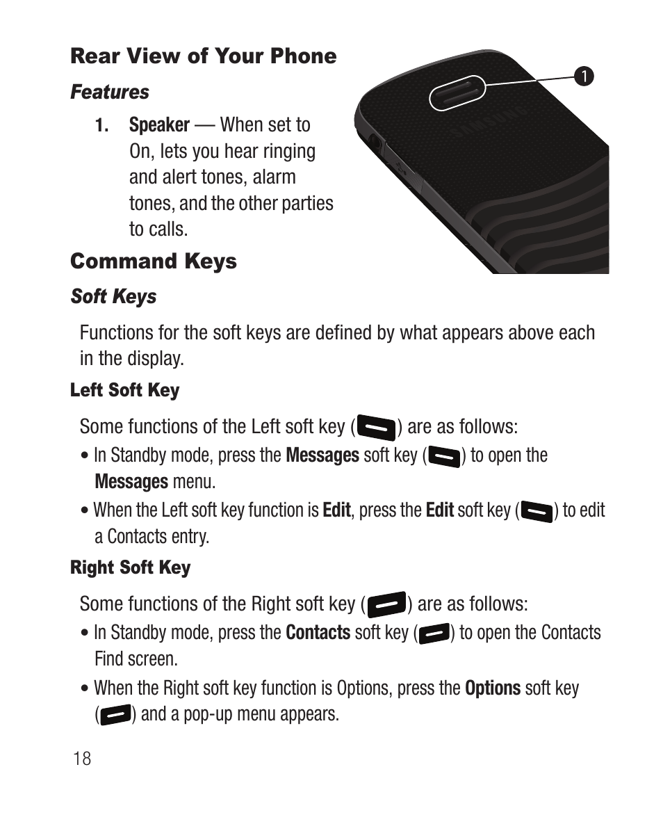 Rear view of your phone, Features, Command keys | Soft keys, Left soft key, Right soft key, Rear view of your phone command keys | Samsung SCH-R100DBAMTR User Manual | Page 22 / 132