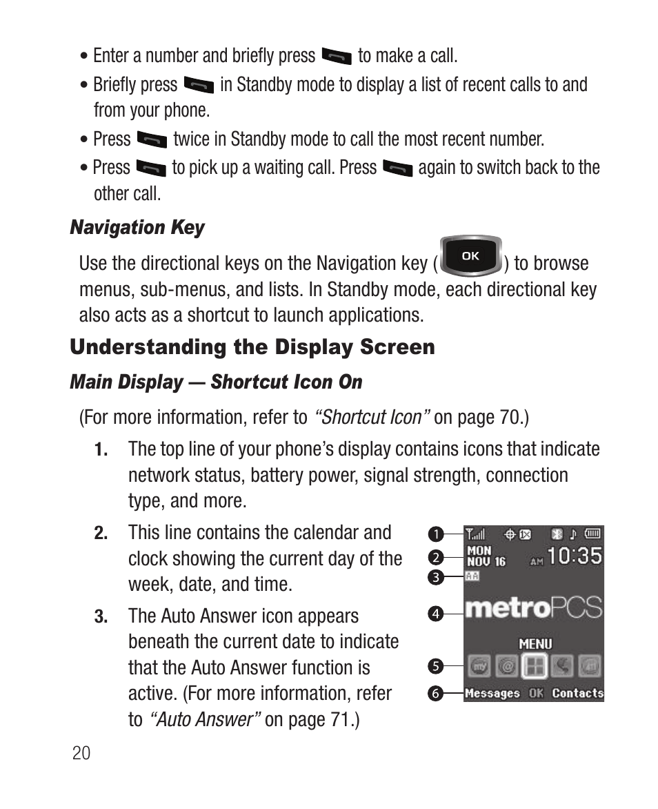 Navigation key, Understanding the display screen, Main display — shortcut icon on | Samsung SCH-R100DBAMTR User Manual | Page 24 / 132