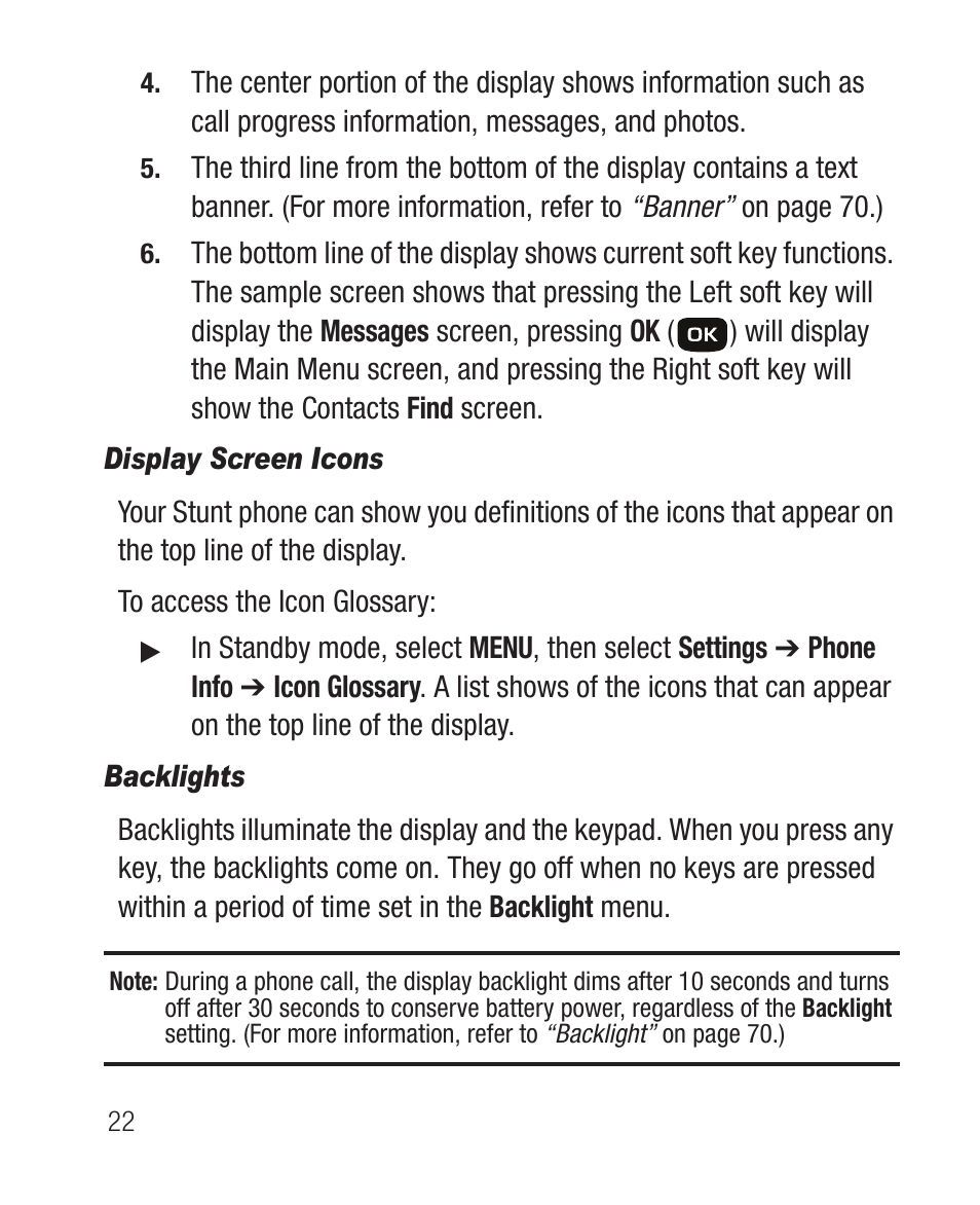 Display screen icons, Backlights | Samsung SCH-R100DBAMTR User Manual | Page 26 / 132
