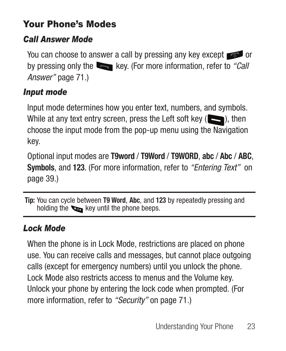 Your phone’s modes, Call answer mode, Input mode | Lock mode | Samsung SCH-R100DBAMTR User Manual | Page 27 / 132