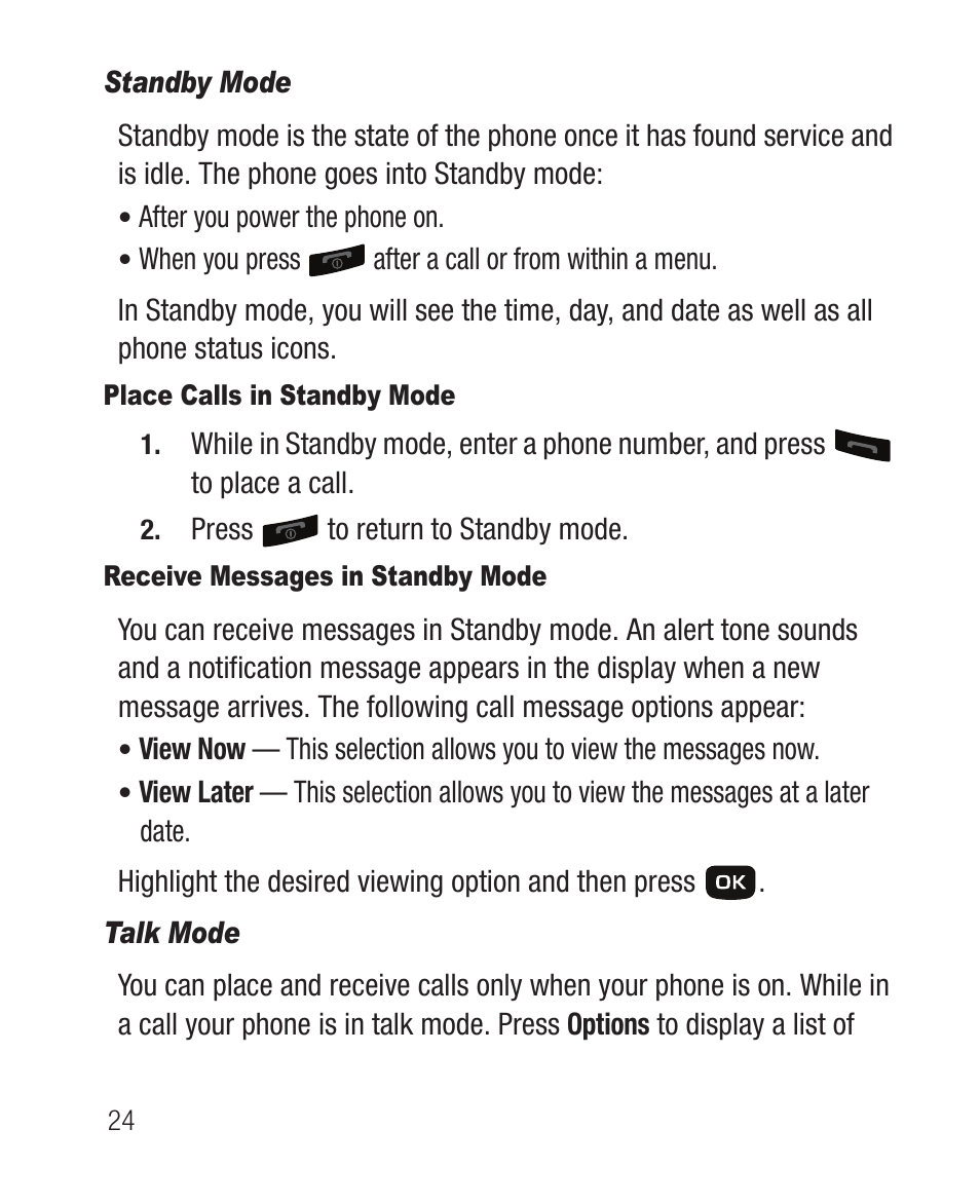 Standby mode, Place calls in standby mode, Receive messages in standby mode | Talk mode | Samsung SCH-R100DBAMTR User Manual | Page 28 / 132