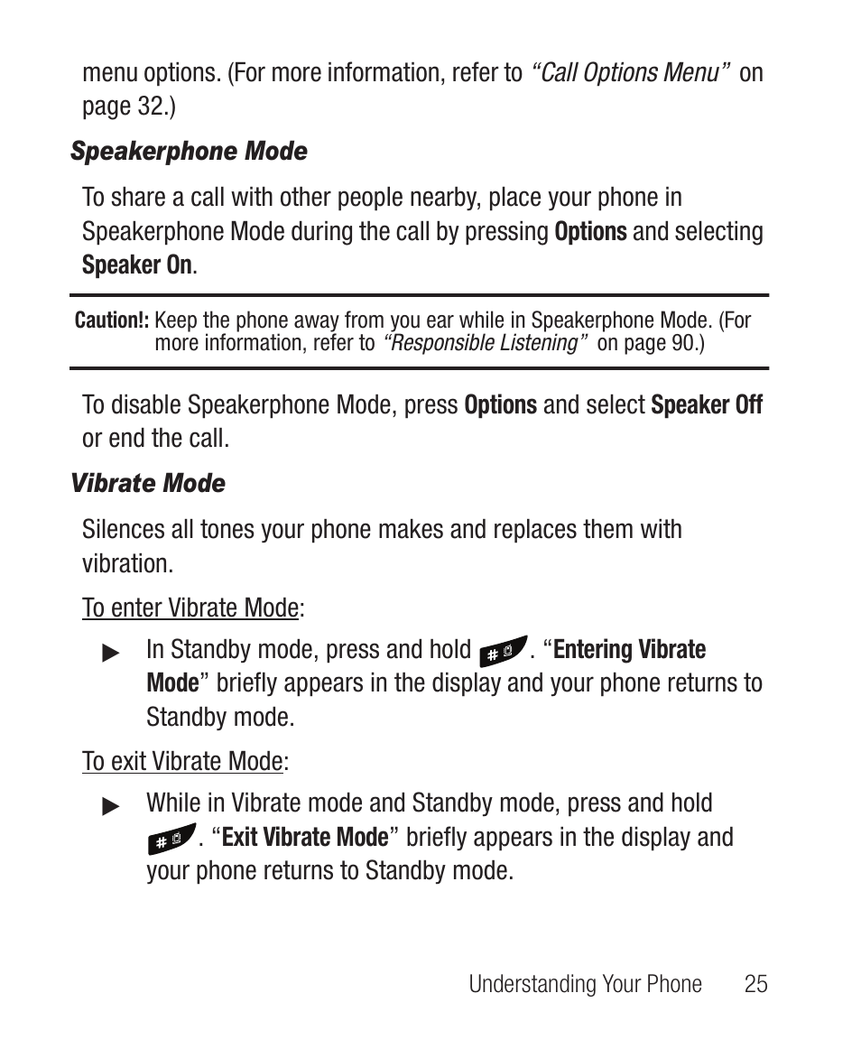 Speakerphone mode, Vibrate mode | Samsung SCH-R100DBAMTR User Manual | Page 29 / 132