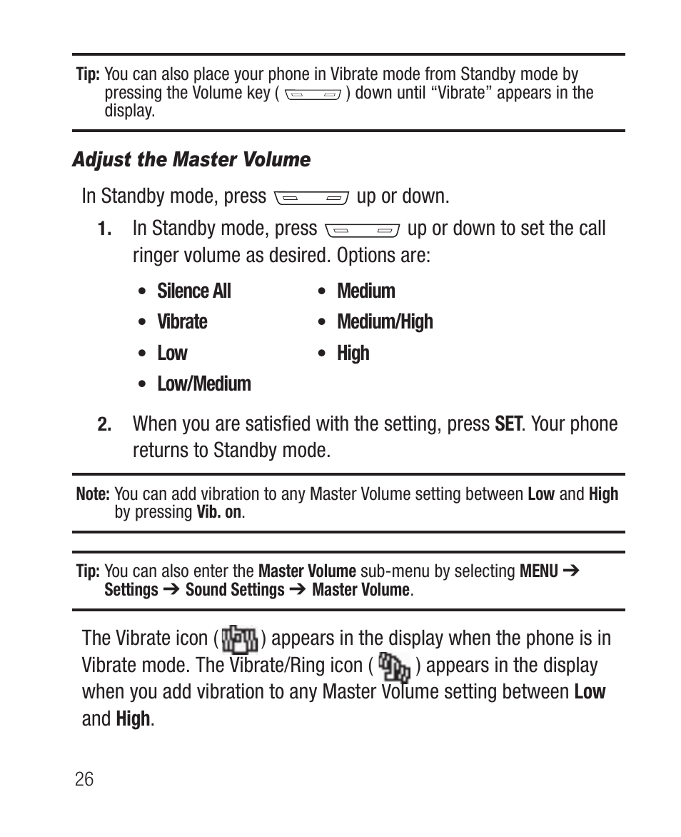Adjust the master volume | Samsung SCH-R100DBAMTR User Manual | Page 30 / 132