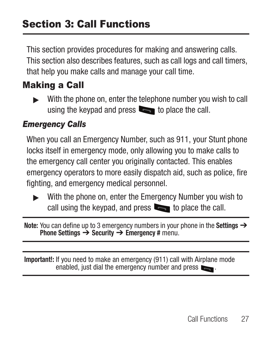 Section 3: call functions, Making a call, Emergency calls | Samsung SCH-R100DBAMTR User Manual | Page 31 / 132
