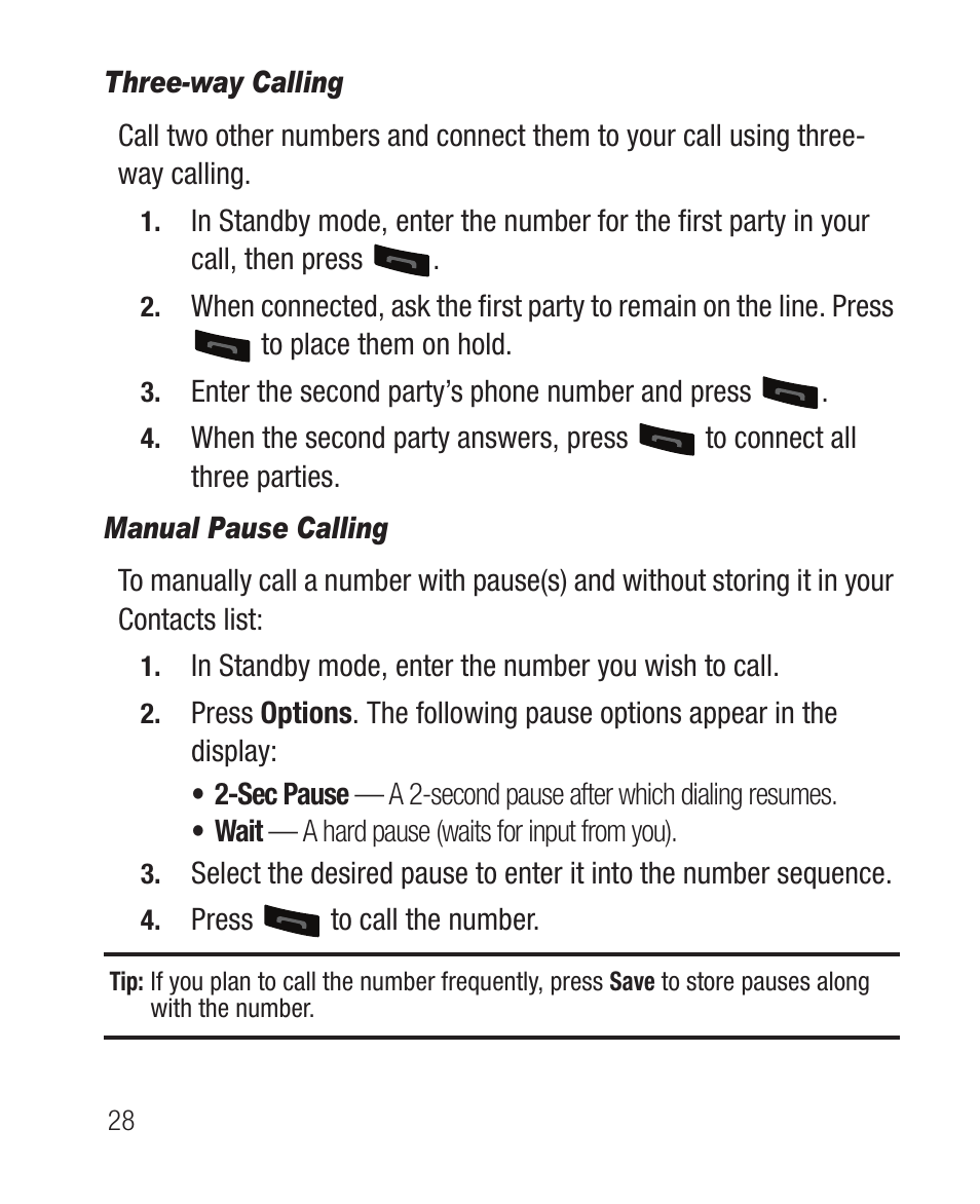 Three-way calling, Manual pause calling | Samsung SCH-R100DBAMTR User Manual | Page 32 / 132