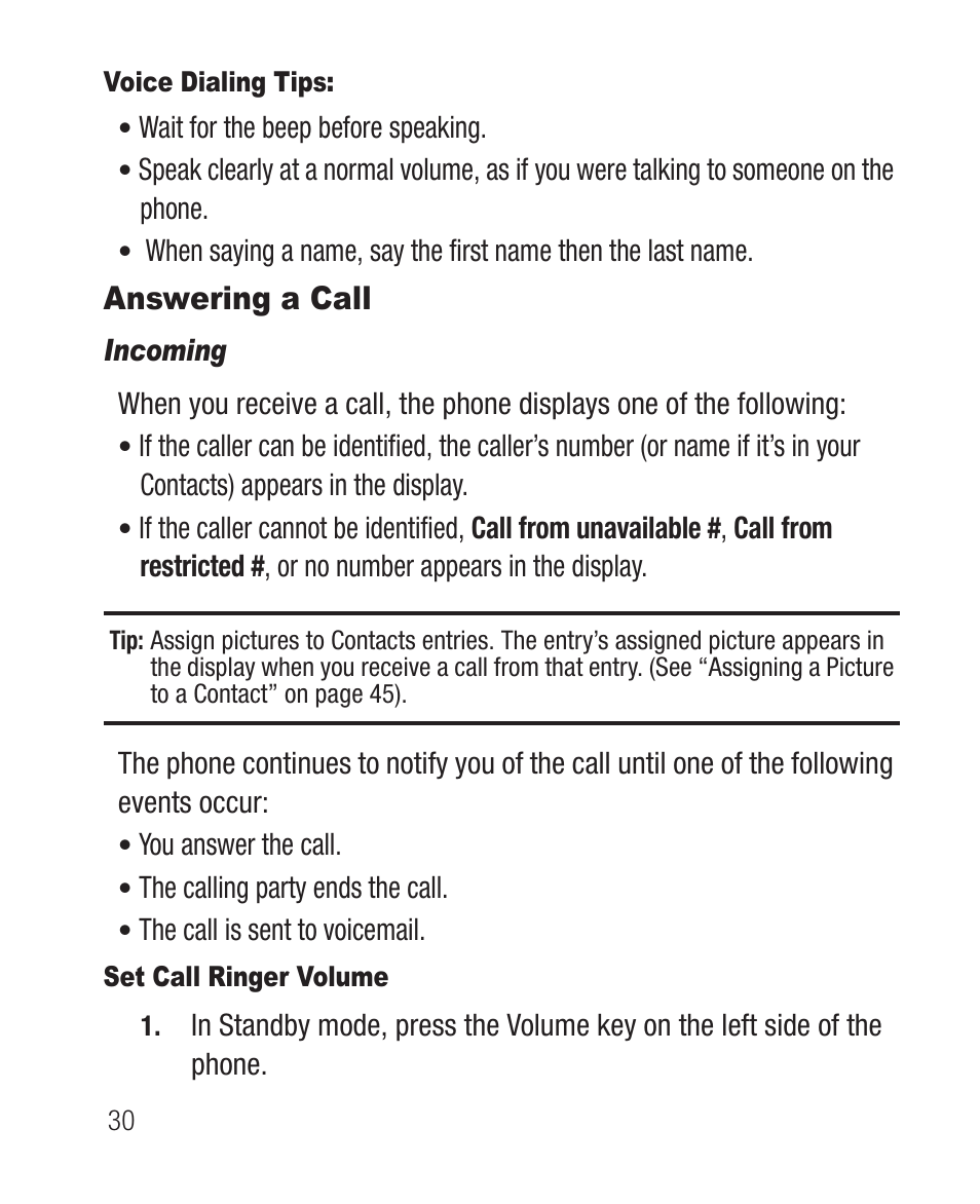 Voice dialing tips, Answering a call, Incoming | Set call ringer volume | Samsung SCH-R100DBAMTR User Manual | Page 34 / 132