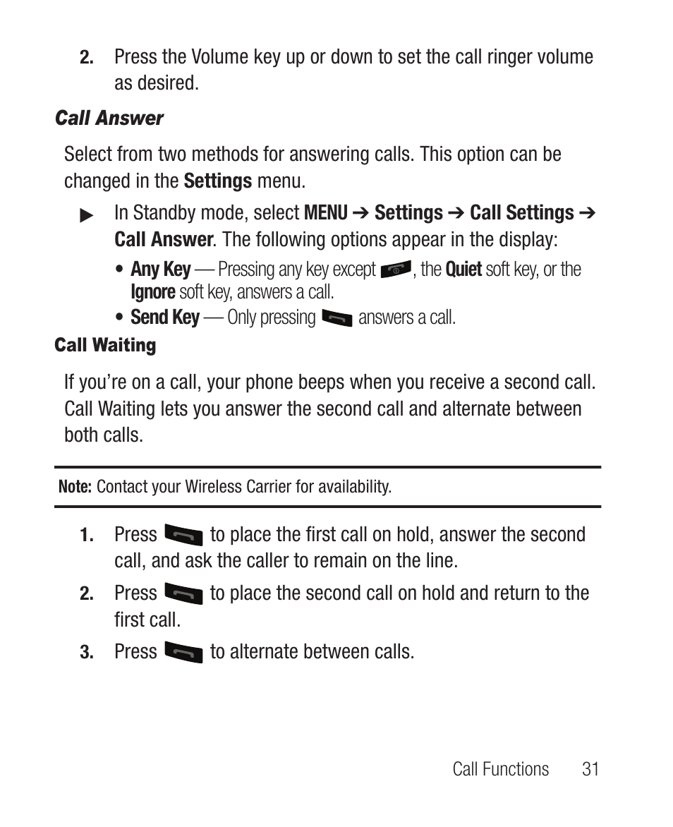 Call answer, Call waiting | Samsung SCH-R100DBAMTR User Manual | Page 35 / 132