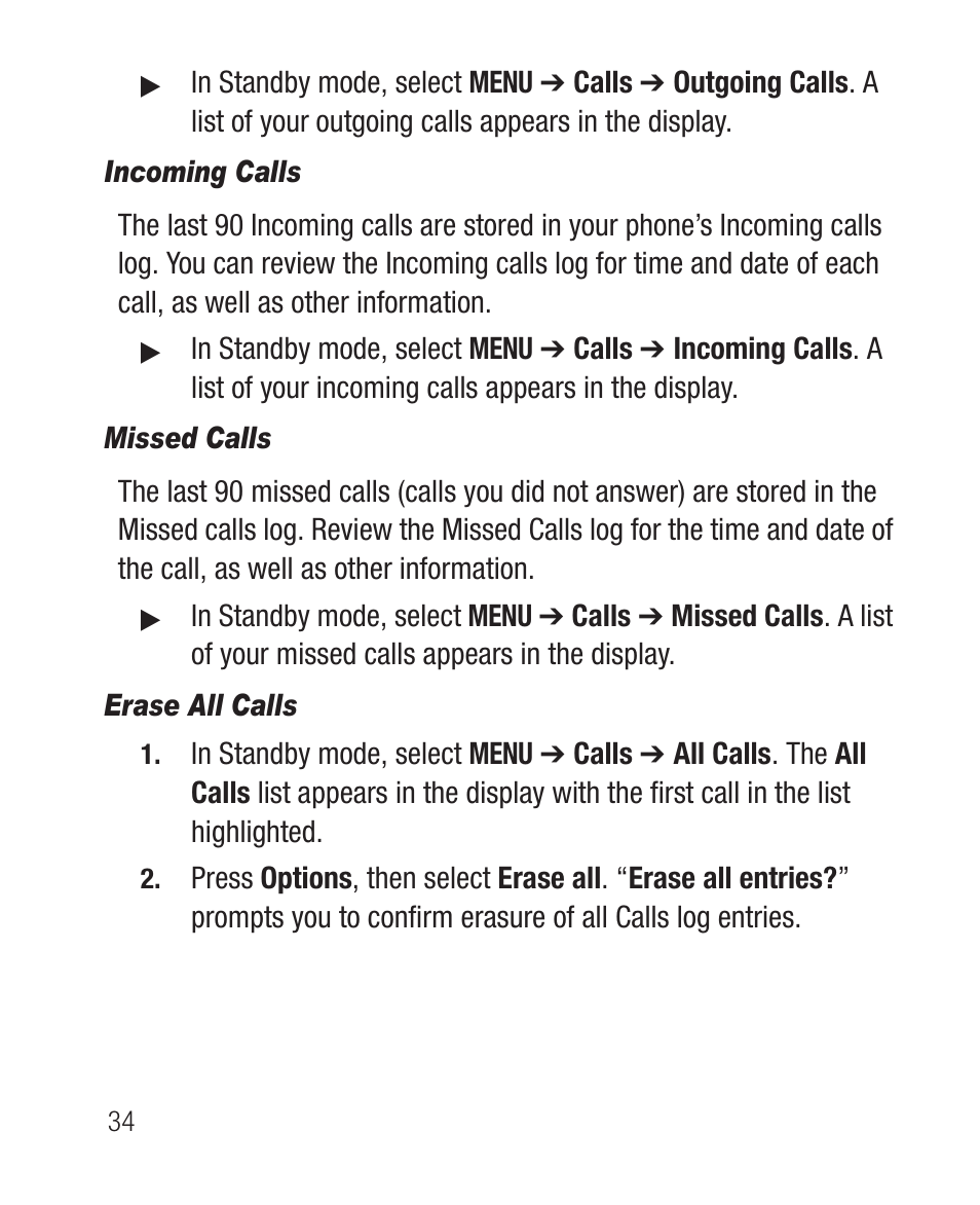 Incoming calls, Missed calls, Erase all calls | Samsung SCH-R100DBAMTR User Manual | Page 38 / 132
