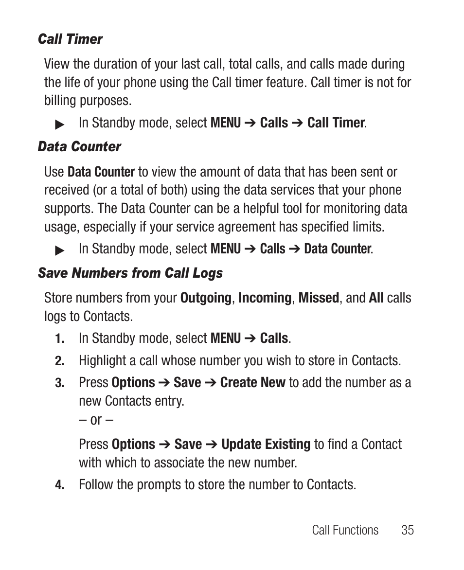 Call timer, Data counter, Save numbers from call logs | Samsung SCH-R100DBAMTR User Manual | Page 39 / 132