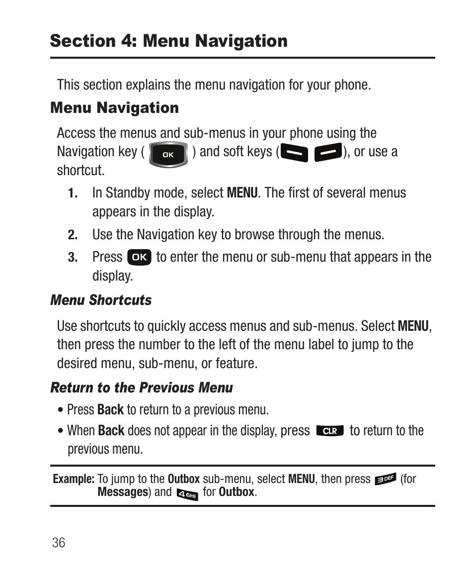 Section 4: menu navigation, Menu navigation, Menu shortcuts | Return to the previous menu | Samsung SCH-R100DBAMTR User Manual | Page 40 / 132