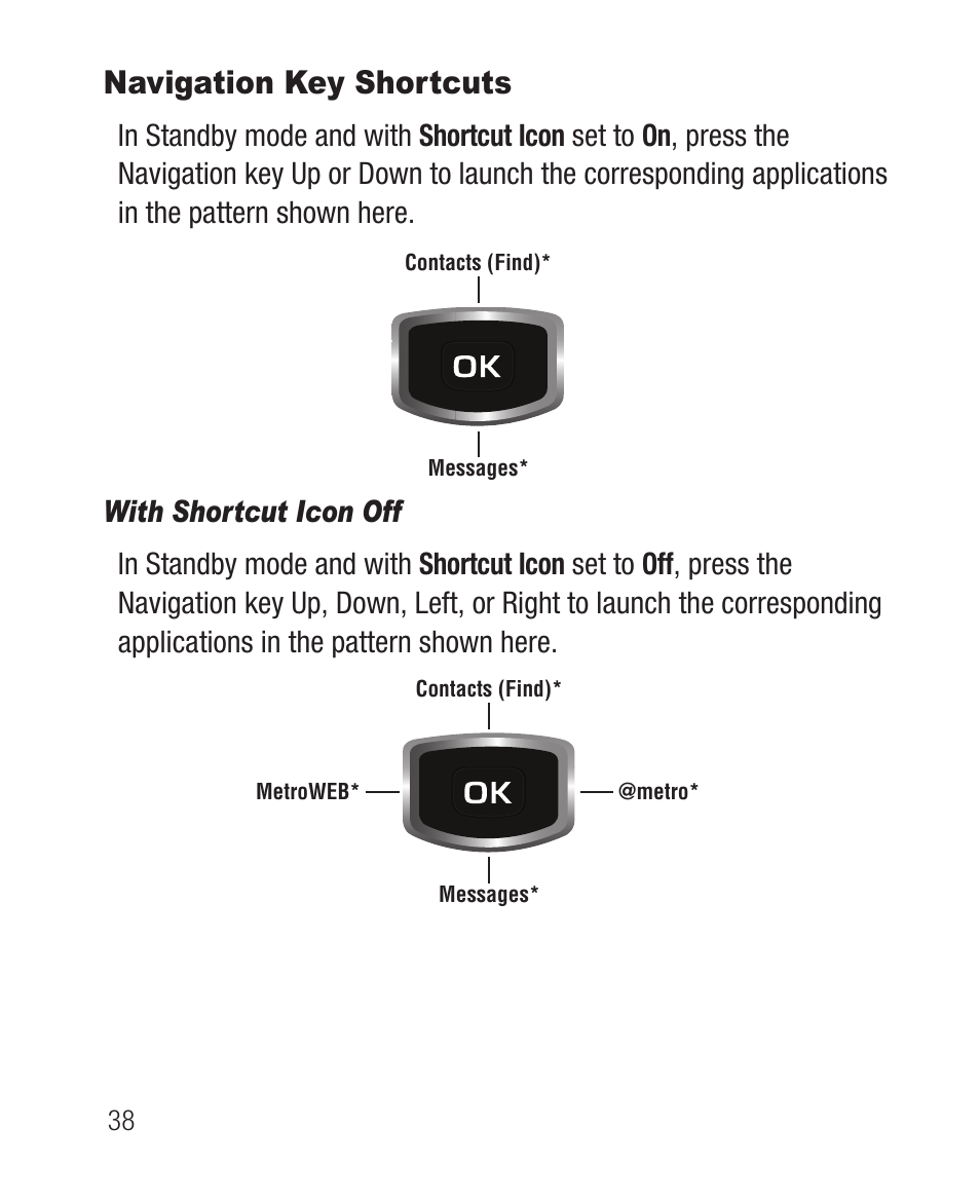 Navigation key shortcuts, With shortcut icon off | Samsung SCH-R100DBAMTR User Manual | Page 42 / 132
