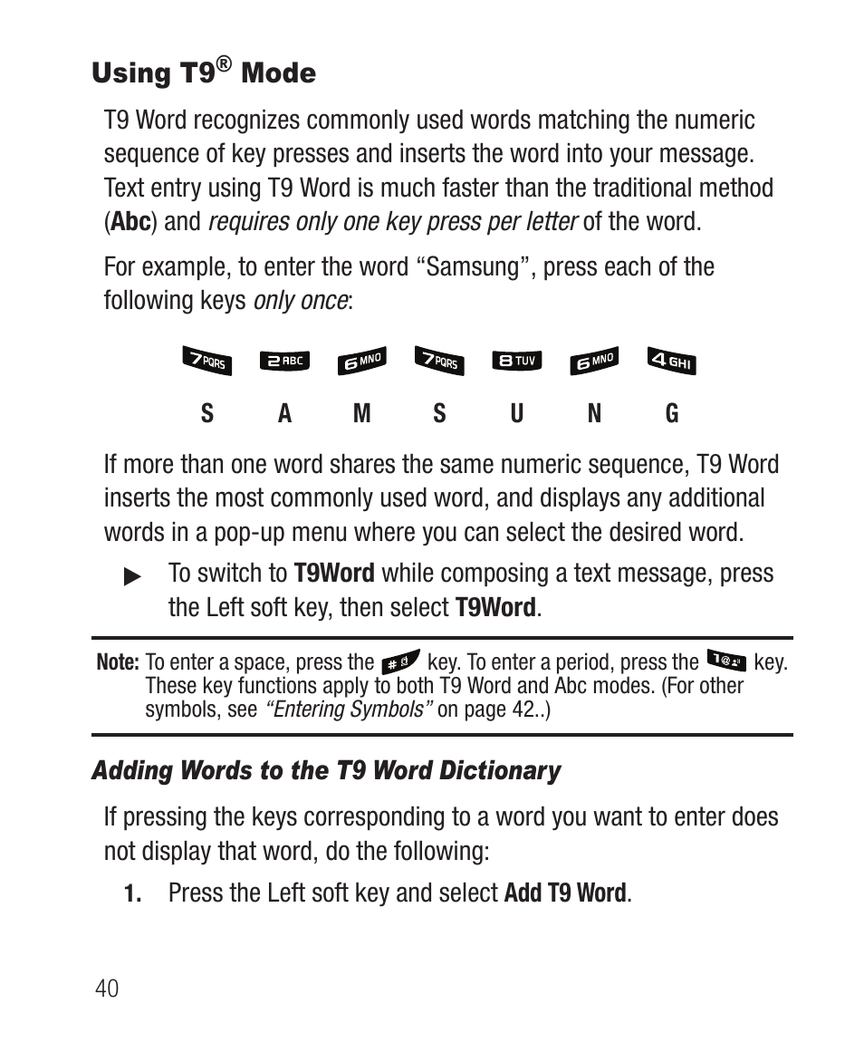 Using t9® mode, Adding words to the t9 word dictionary, Using t9 | Samsung SCH-R100DBAMTR User Manual | Page 44 / 132