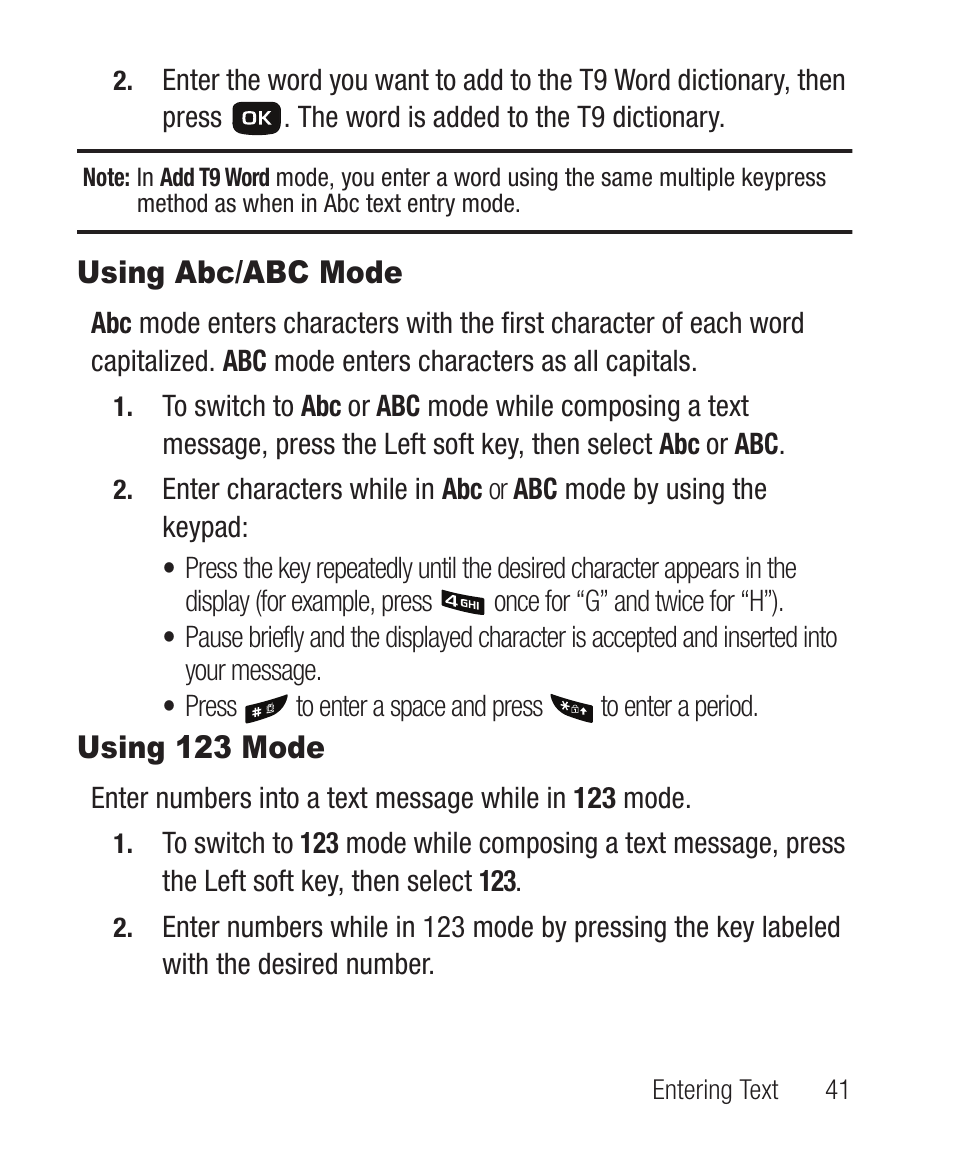 Using abc/abc mode, Using 123 mode, Using abc/abc mode using 123 mode | Samsung SCH-R100DBAMTR User Manual | Page 45 / 132