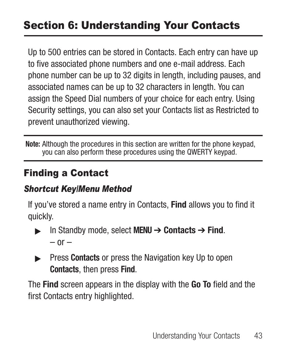 Section 6: understanding your contacts, Finding a contact, Shortcut key/menu method | Samsung SCH-R100DBAMTR User Manual | Page 47 / 132